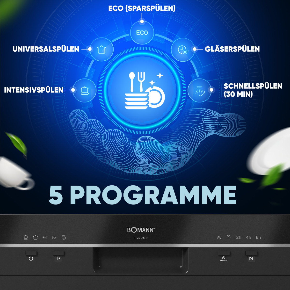 Panel zmywarki z 5 ikonami programów. Tekst zawiera '5 PROGRAMME'. Panel jest czarny ze srebrnymi ikonami.