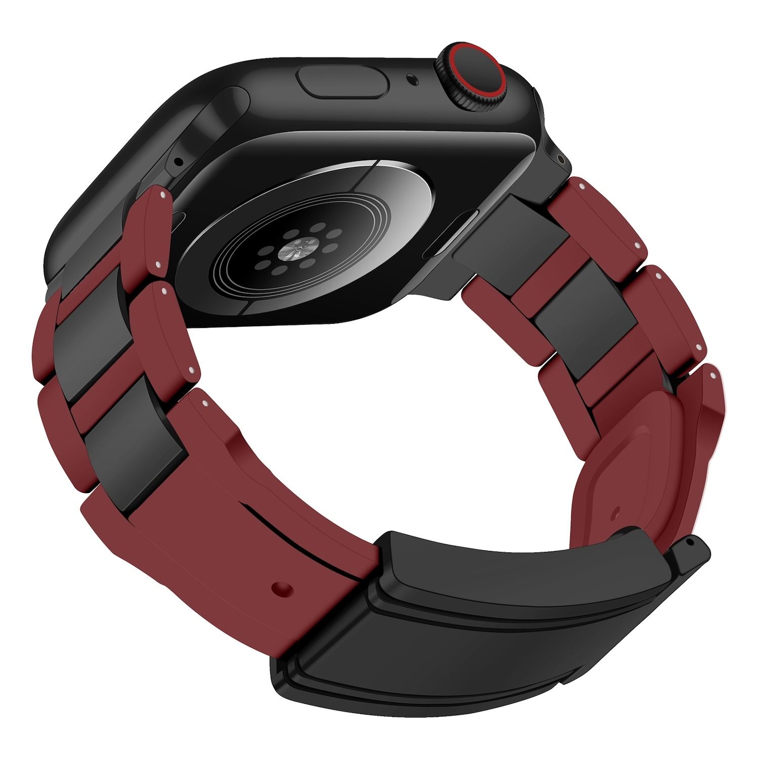 Apple Watch mit weinrot-schwarzem Armband. Die Uhr ist schwarz, das Armband ist verbunden.