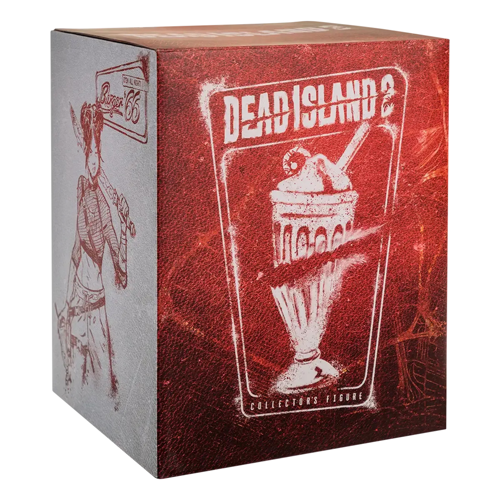 Dead Island 2 Sammlerbox. Kunstwerk eines Milchshakes und einer Frau mit Schläger.