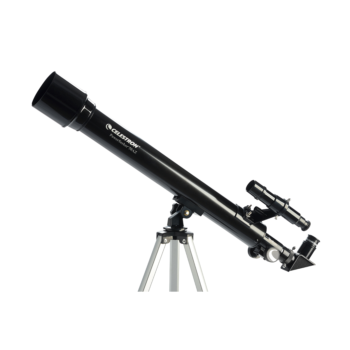 Ein schwarzes Teleskop auf einem Stativ. Es hat ein langes schwarzes Rohr und ein kleineres Okular.