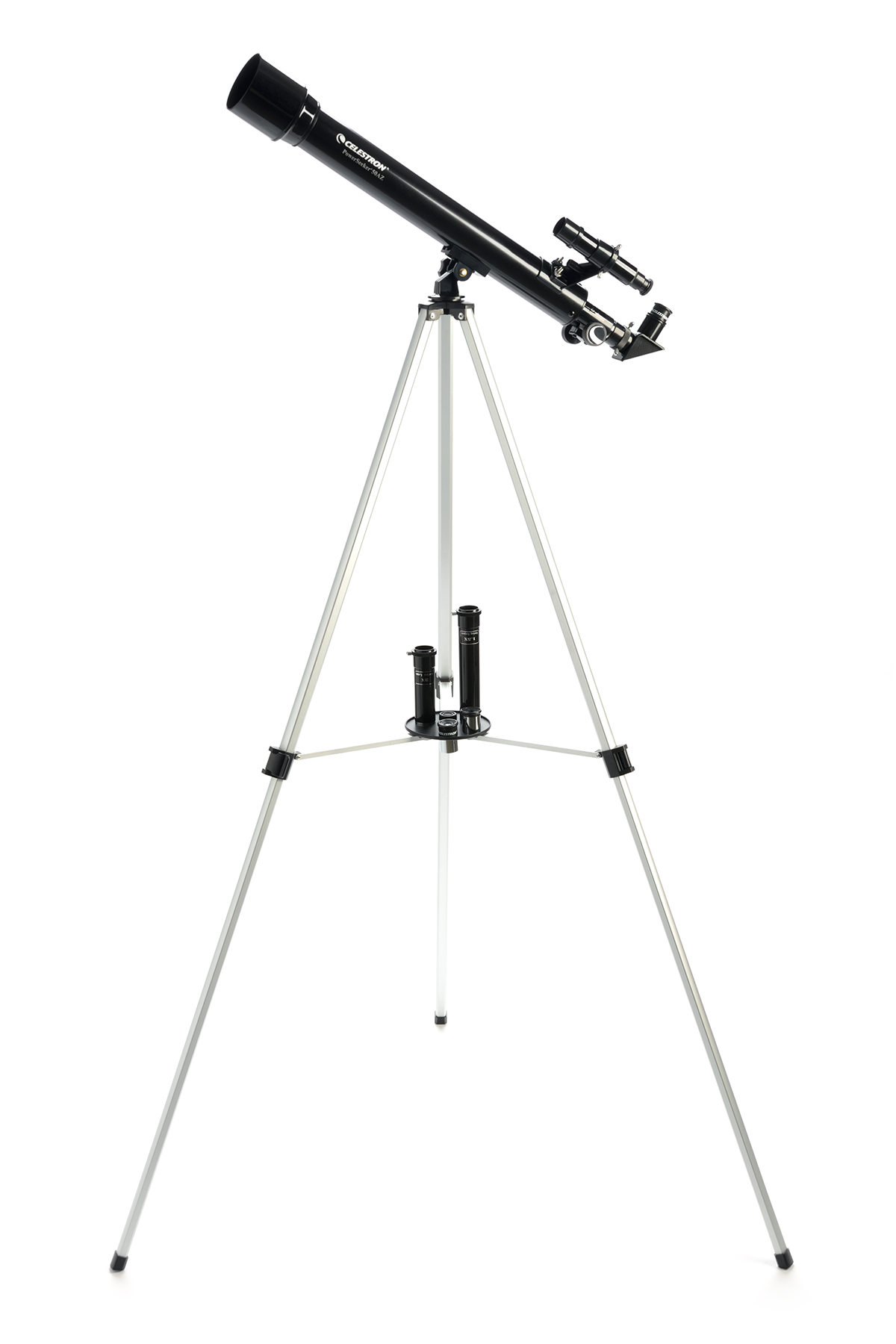 Ein schwarzes Teleskop auf einem silbernen Stativ vor weißem Hintergrund.