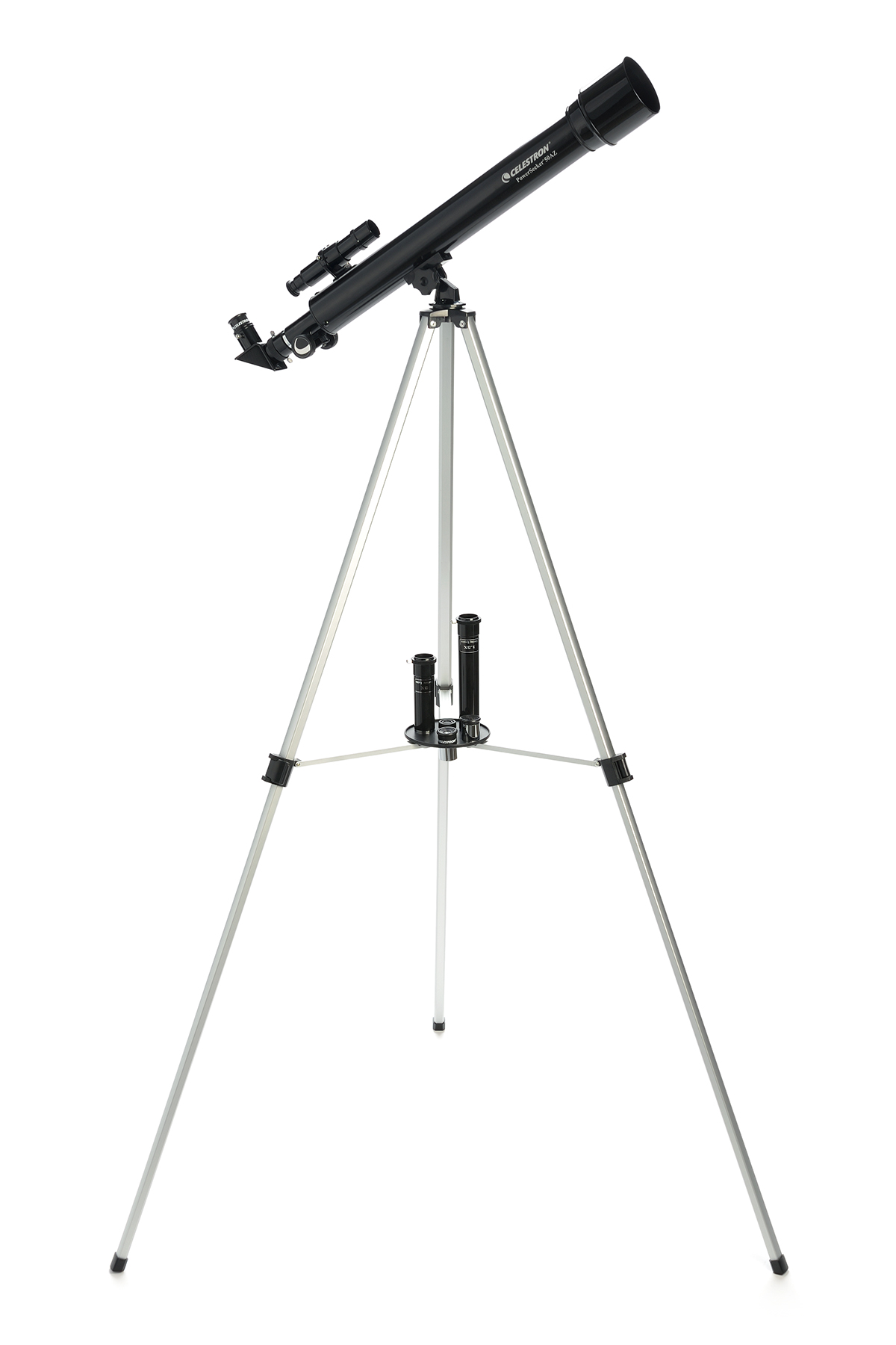 Ein schwarzes Teleskop auf einem Stativ vor weißem Hintergrund.
