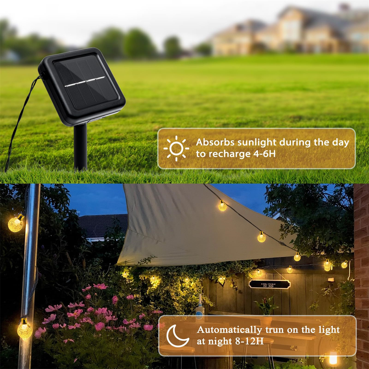 Solarpanel mit Gartenlichtern, das das Aufladen am Tag und die Beleuchtung in der Nacht zeigt.