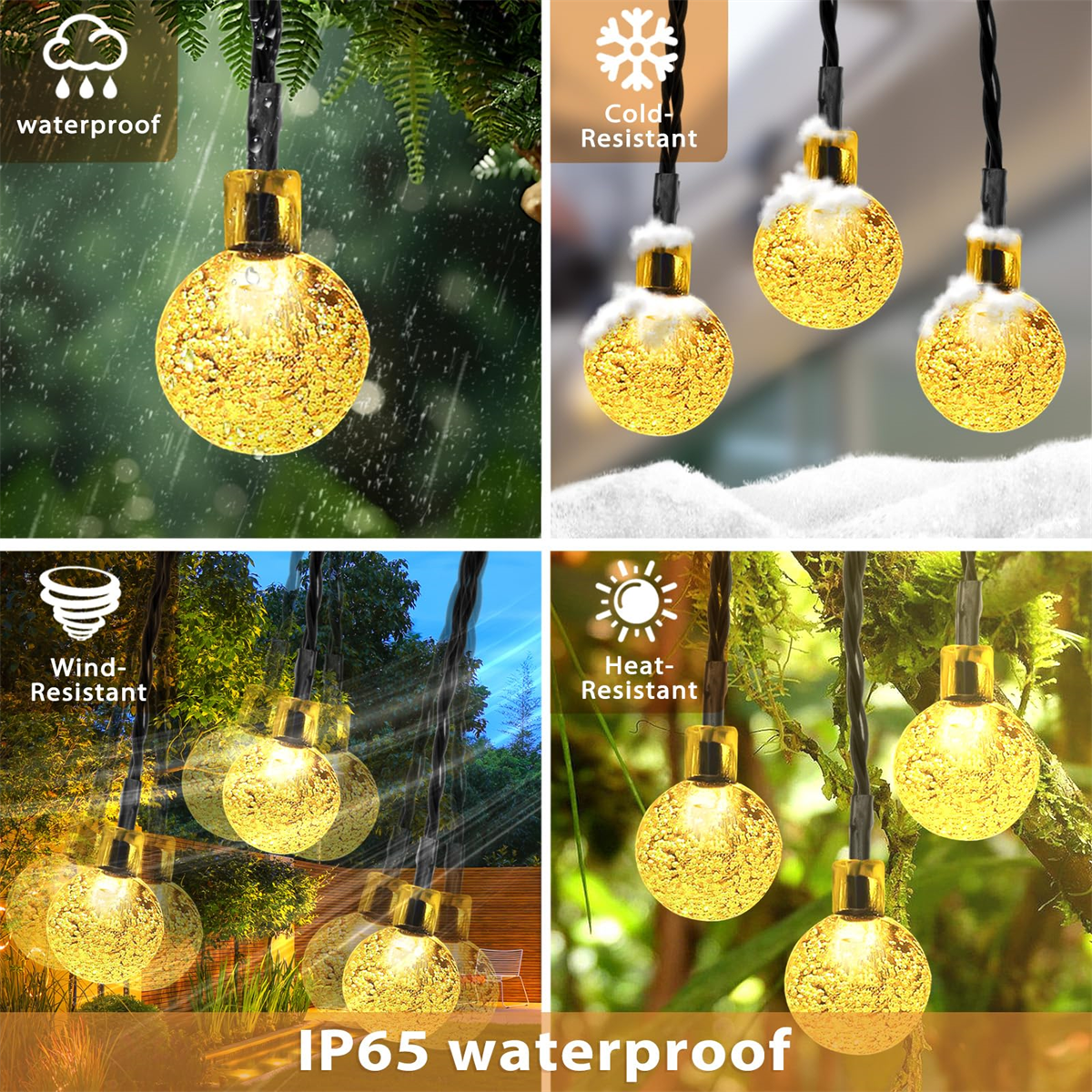 Mehrere Bilder von wasserdichten Außenleuchten. Sie sind golden und rund und hängen.