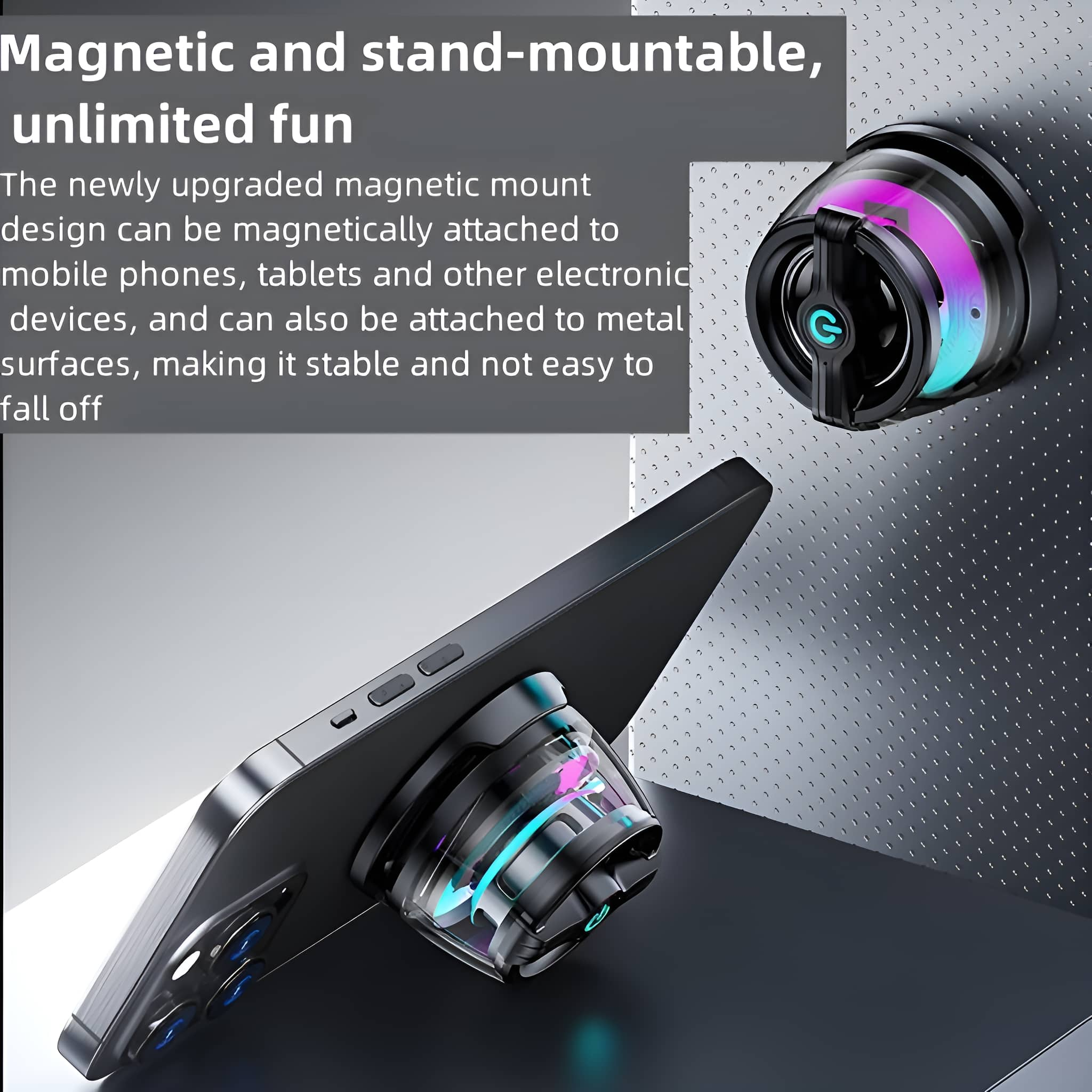 Magnetische Halterung für ein Telefon, montiert auf einem Telefon und auf einer Oberfläche.