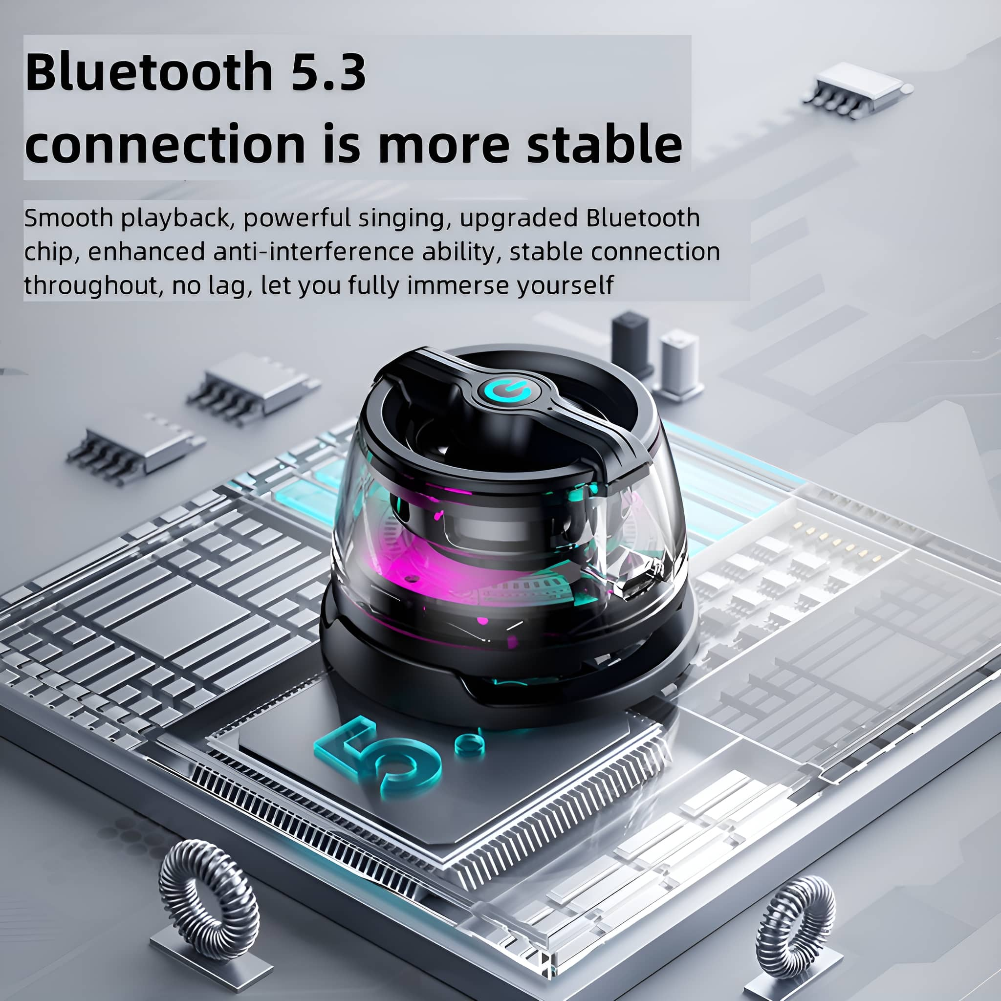 Schwarzes und klares elektronisches Gerät mit blauem Licht. Text lautet 'Bluetooth 5.3 Verbindung ist stabiler'.