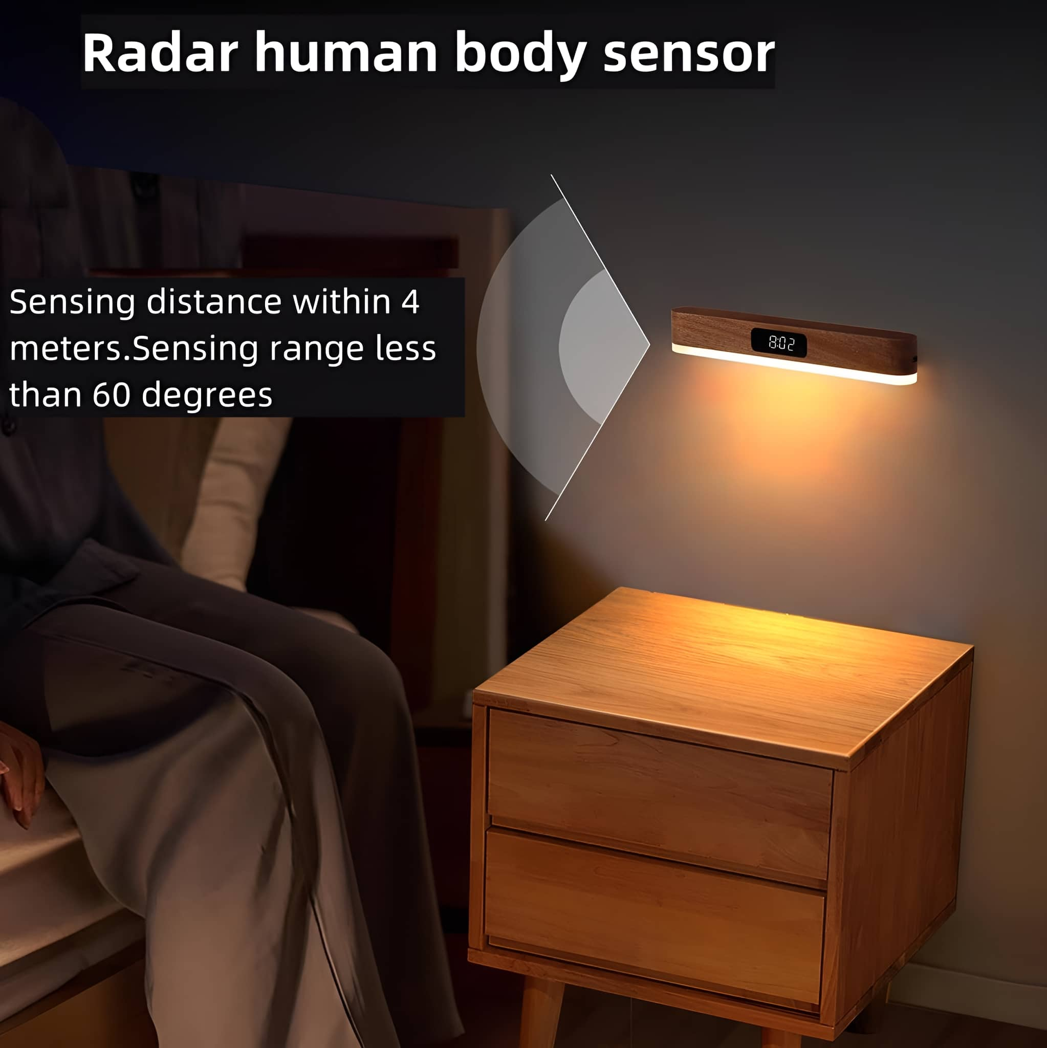 Nachttisch mit Radar-Körpersensorlicht, mit einer Person im Bild.