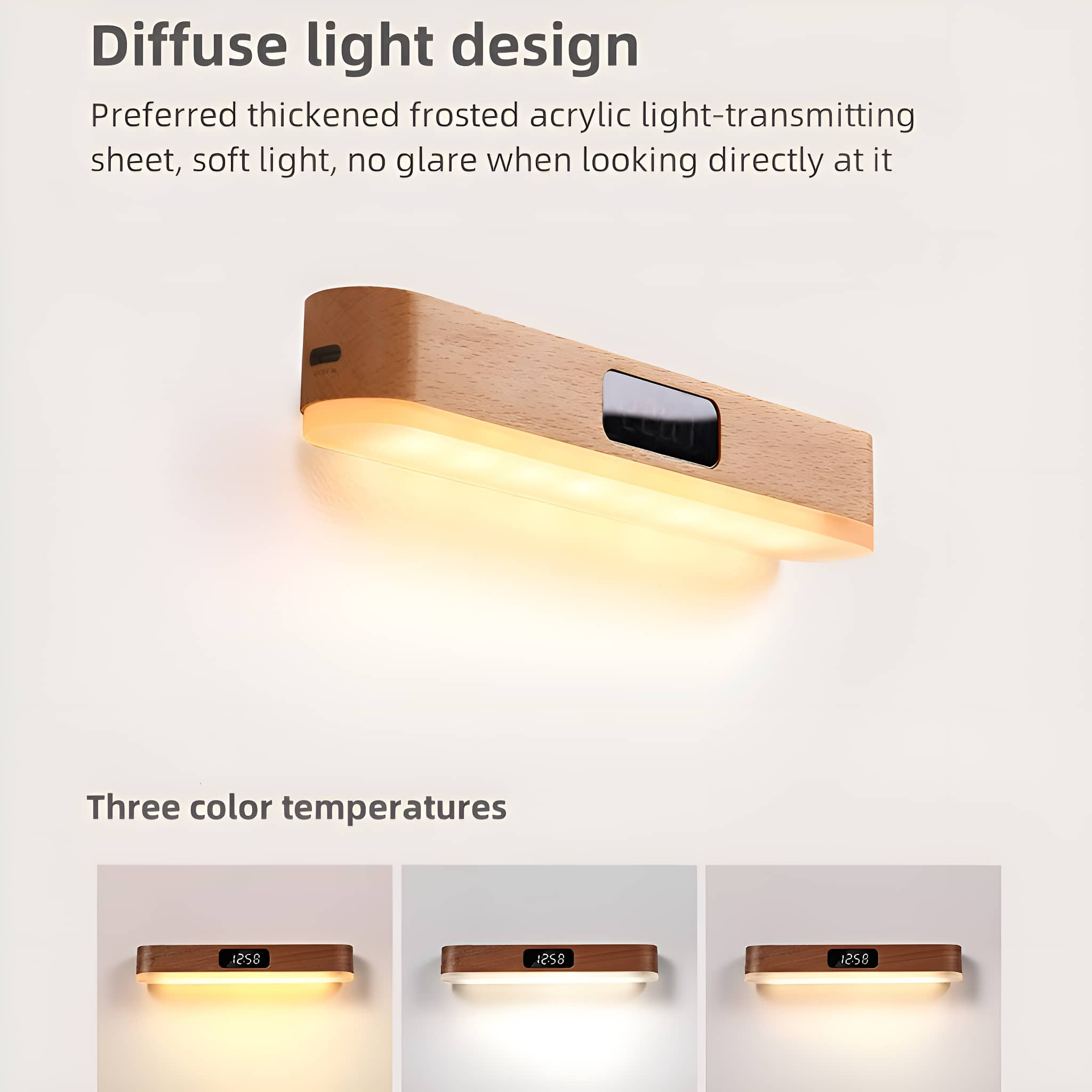 Holz-Leuchte mit Uhr und drei verschiedenen Lichttemperaturen, an der Wand montiert.
