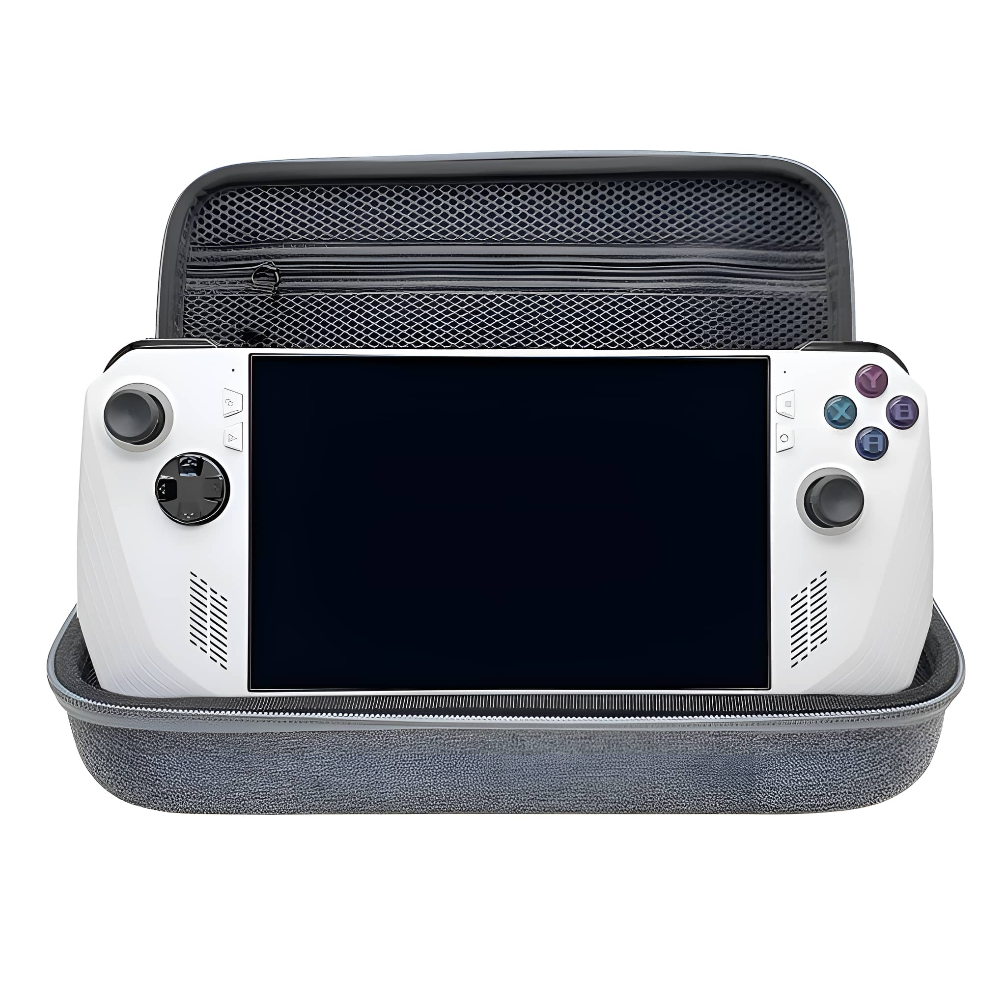 Weißer Handheld-Gaming-Konsole in einem grauen, offenen Tragekoffer mit Reißverschluss.