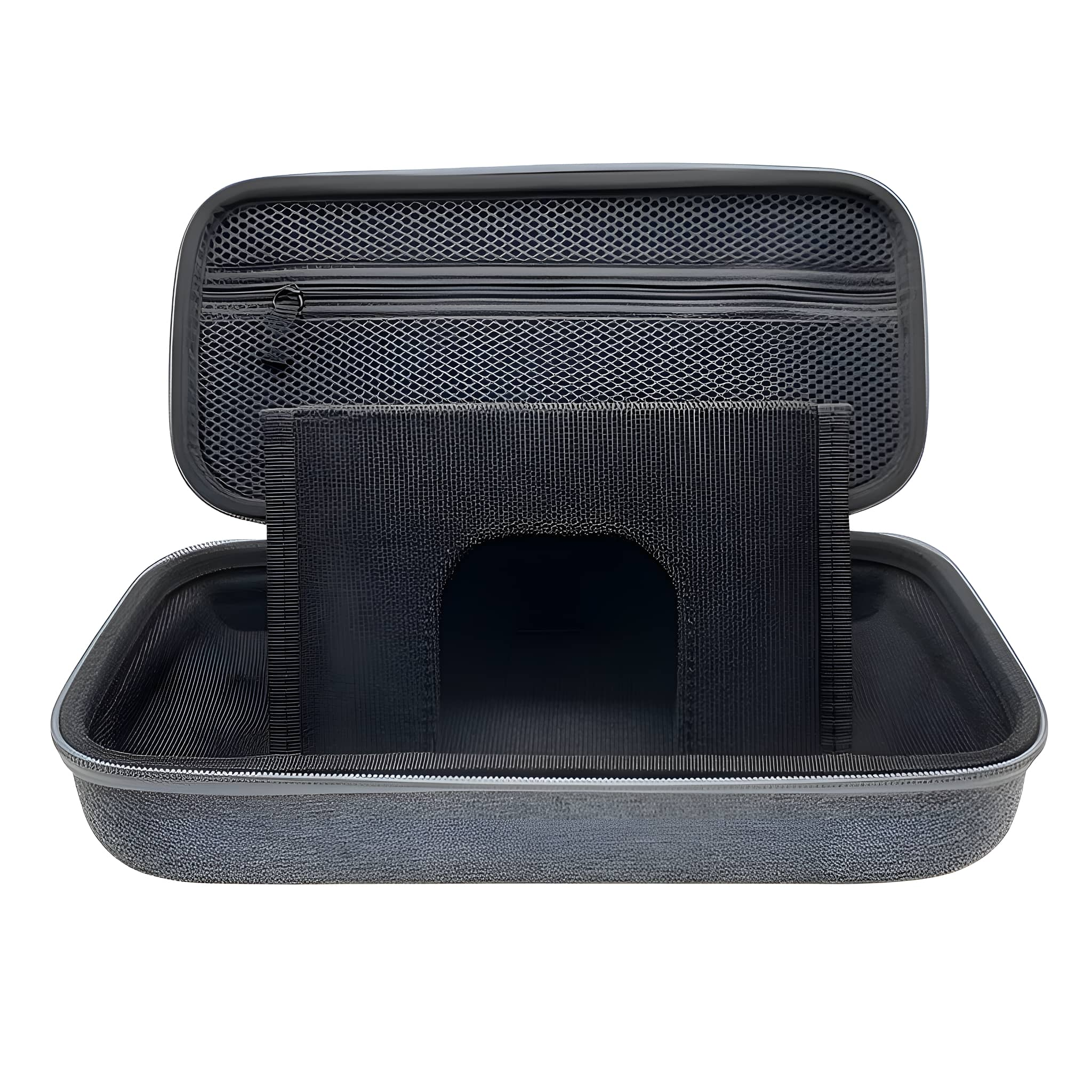 Geöffnete graue Reisetasche. Innen ist ein schwarzes, bogenförmiges Objekt zu sehen.