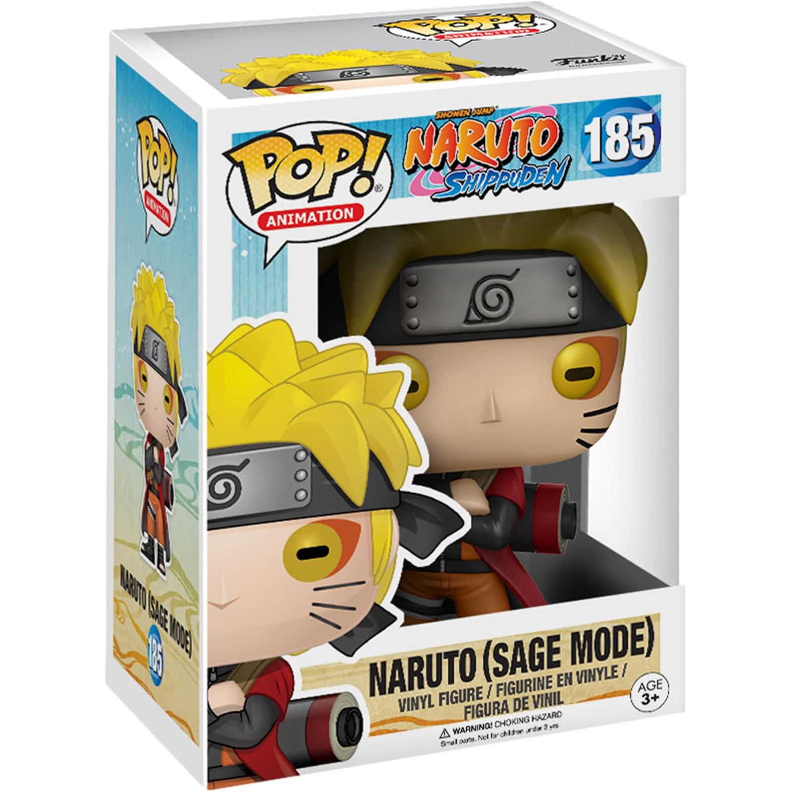 Figurka Funko Pop! w pudełku. Figurka to Naruto z Naruto Shippuden w trybie Sage z żółtymi włosami.