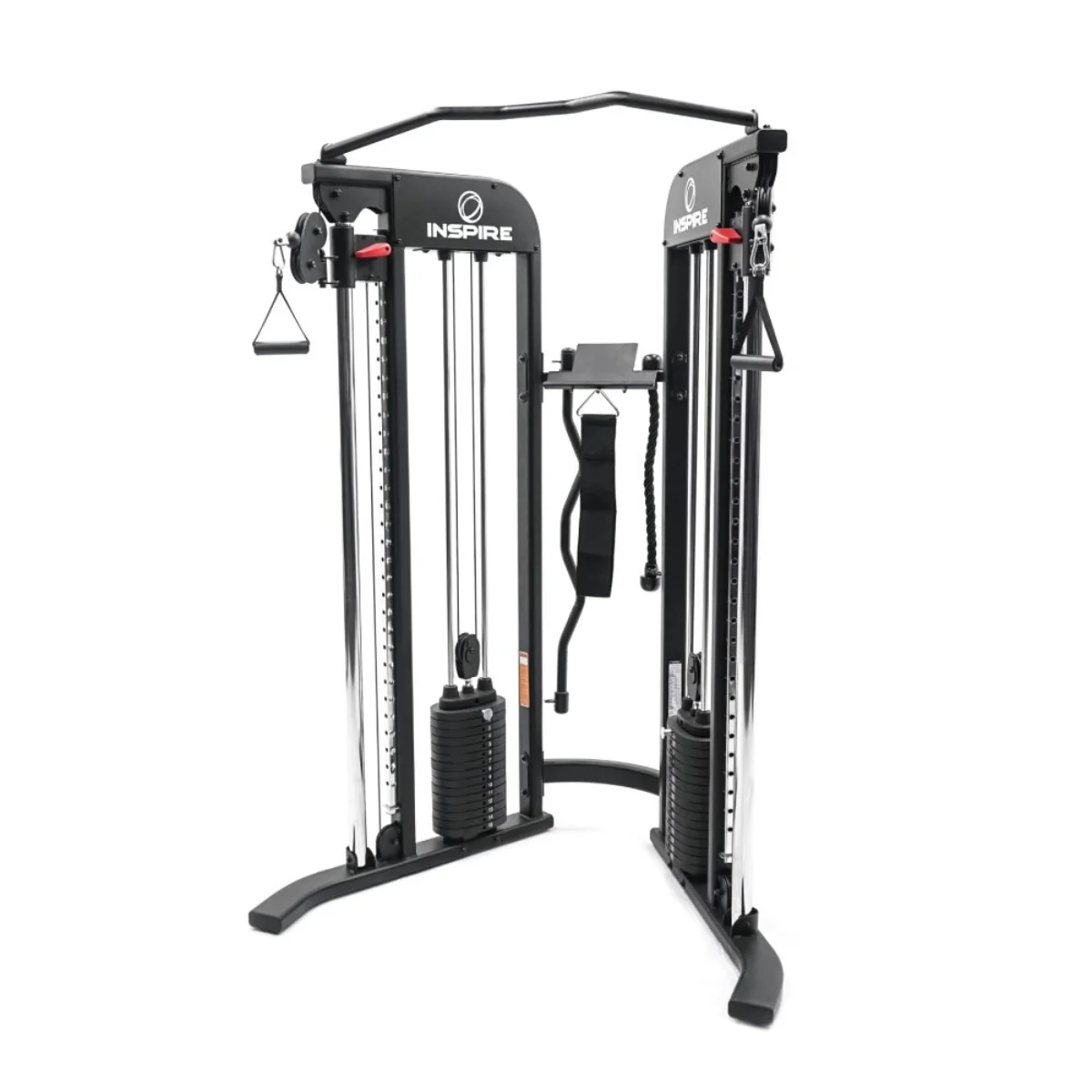 Machine de musculation Inspire noire avec poids et câbles, sur fond blanc.