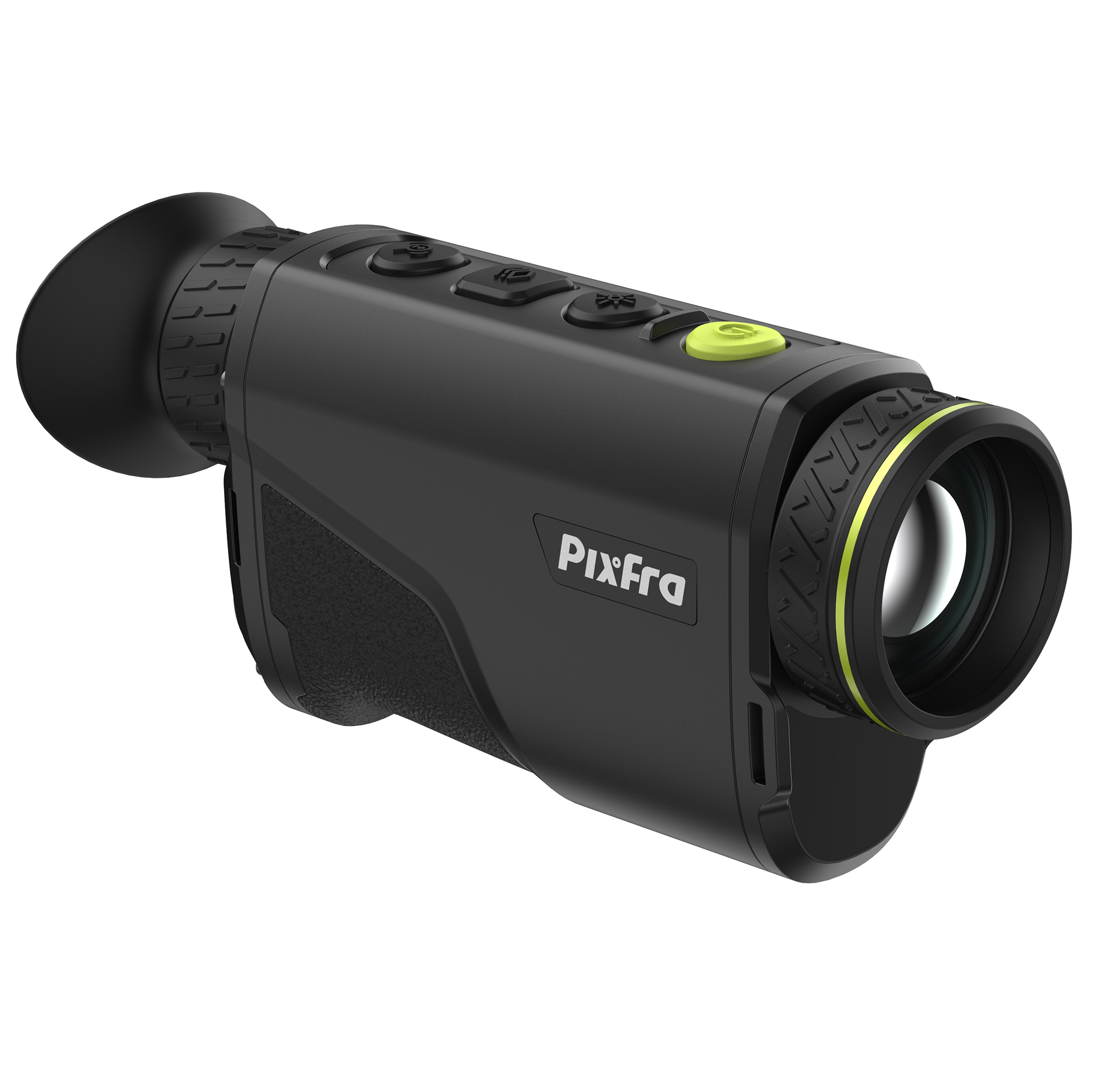 Un monocular térmico Pixfra negro y verde con botones y un ocular.