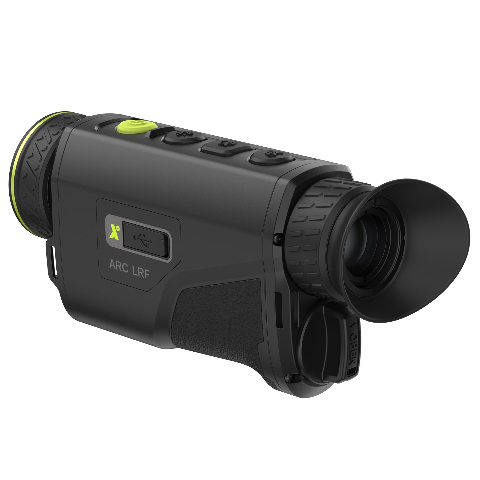 Dispositivo portátil negro y verde con botones, una lente y el texto 'ARC LRF'.