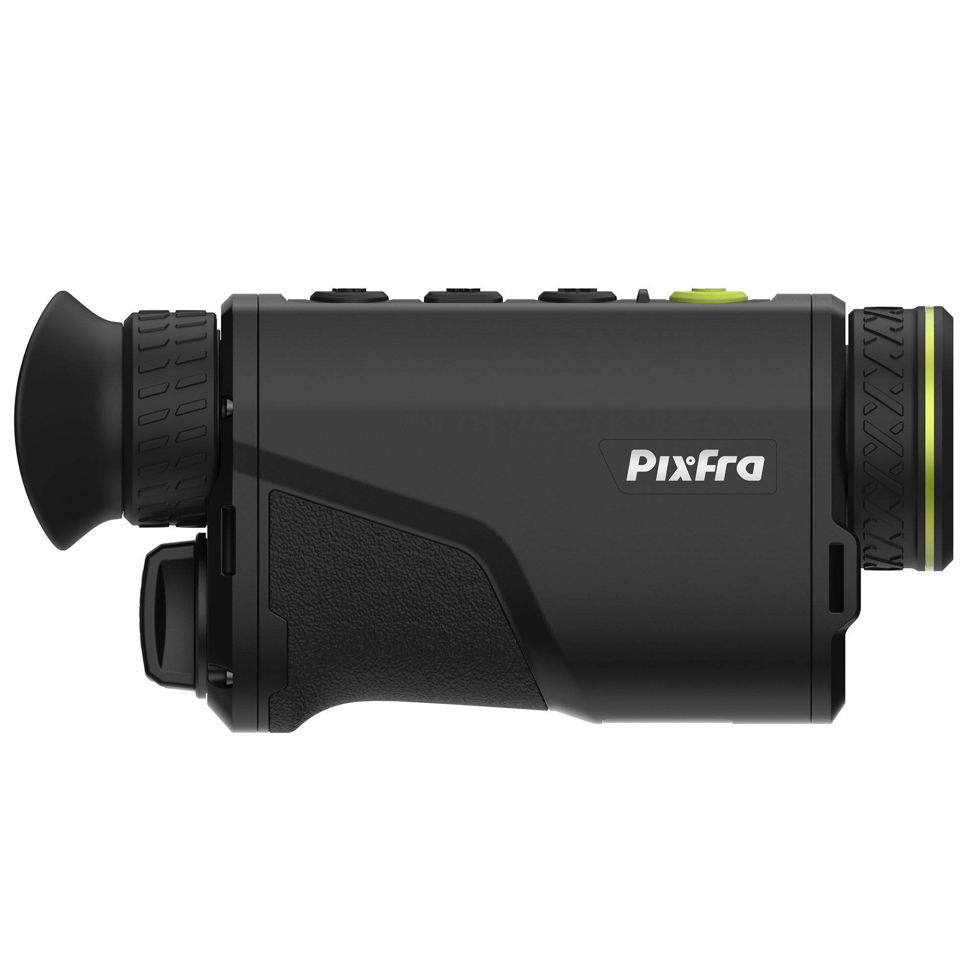 Un dispositivo de visión nocturna negro y verde con una lente y botones.