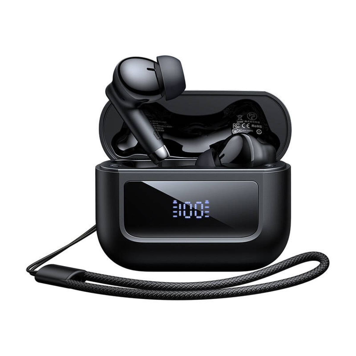 Auricolari wireless neri in custodia aperta con display digitale che mostra il 100%.