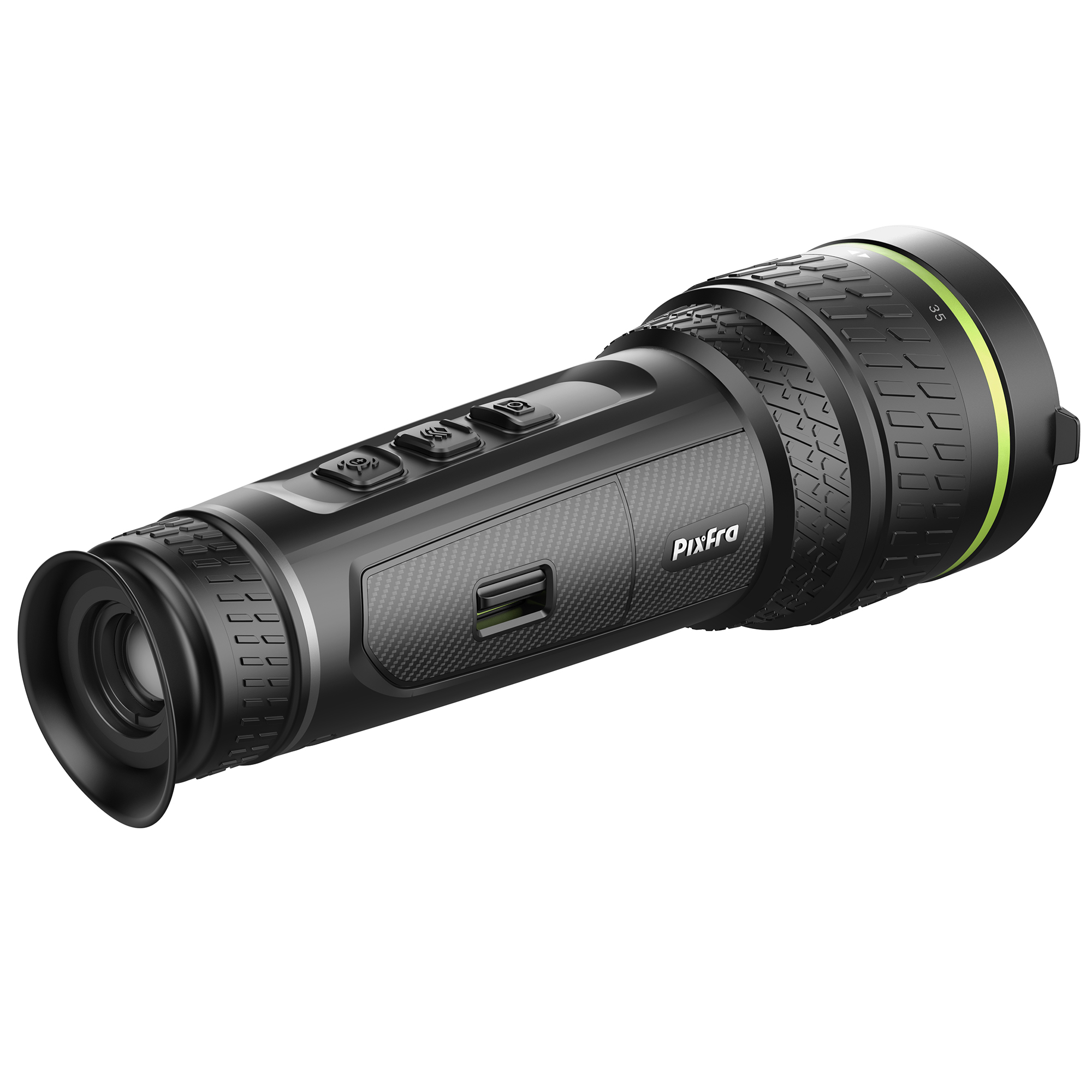 Un monocular Pixfra negro con botones, lente y área iluminada en verde.