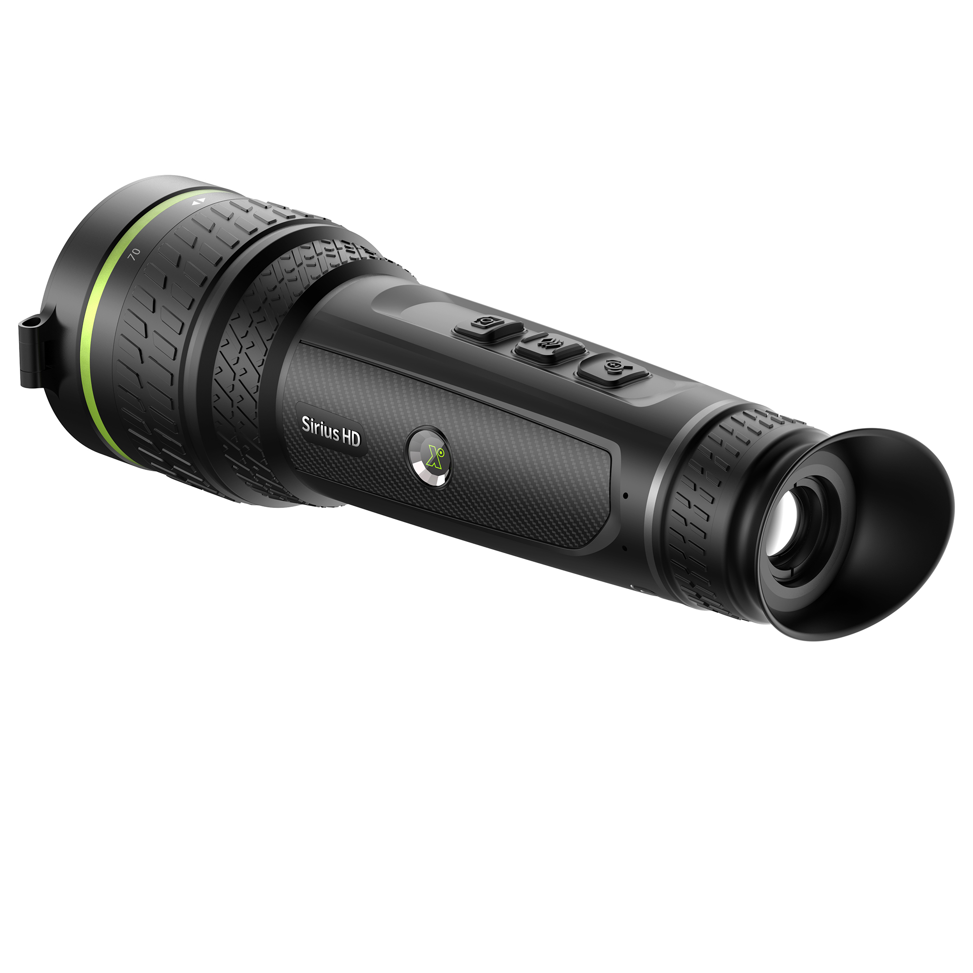 Un dispositivo monocular térmico portátil negro y verde, con botones y texto.