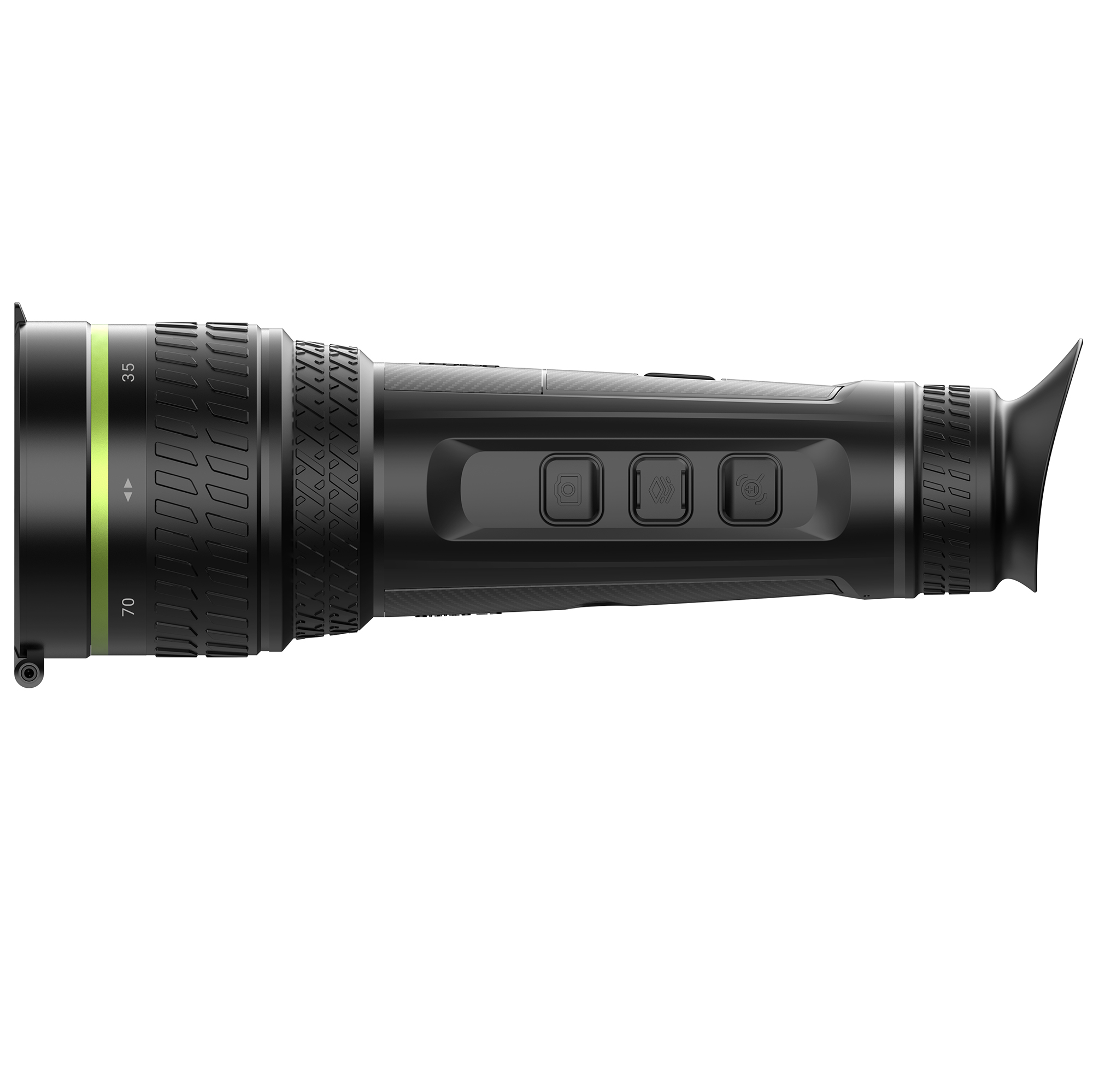 Un dispositivo de imagen térmica negro y verde con botones y un anillo de ajuste de enfoque.