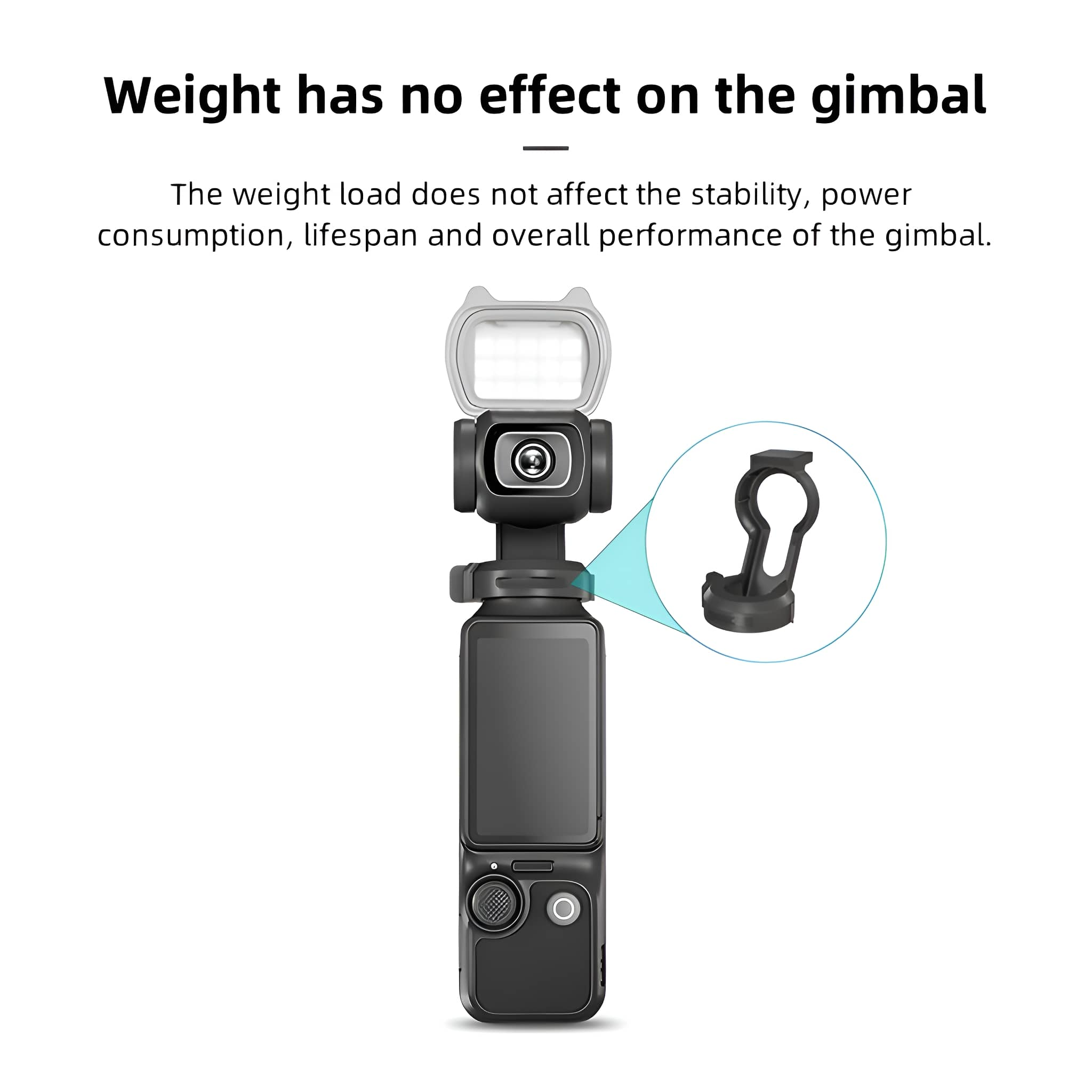 Ein schwarzer Gimbal mit Licht und ein Diagramm, das einen abnehmbaren Clip zeigt.