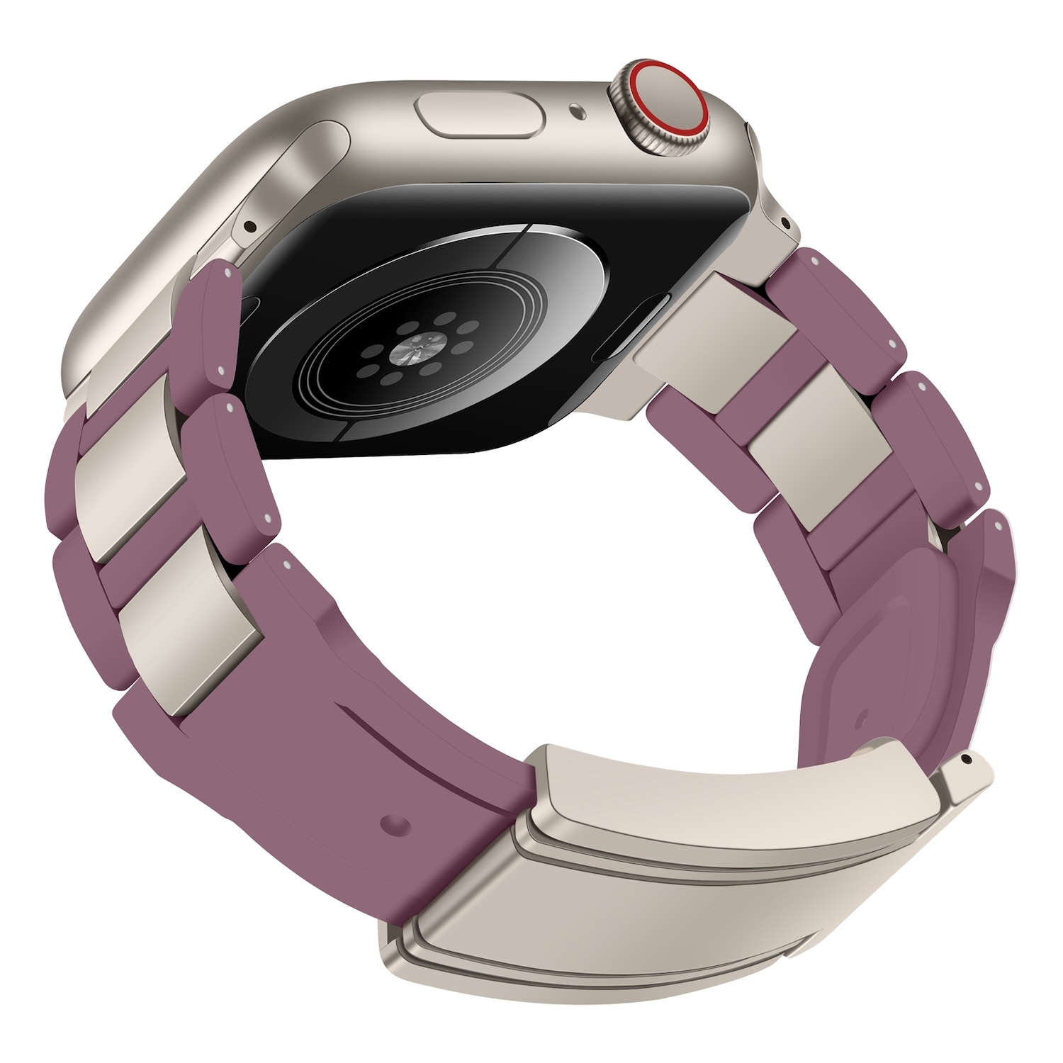 Silberne Smartwatch mit lila Armband auf weißem Hintergrund.