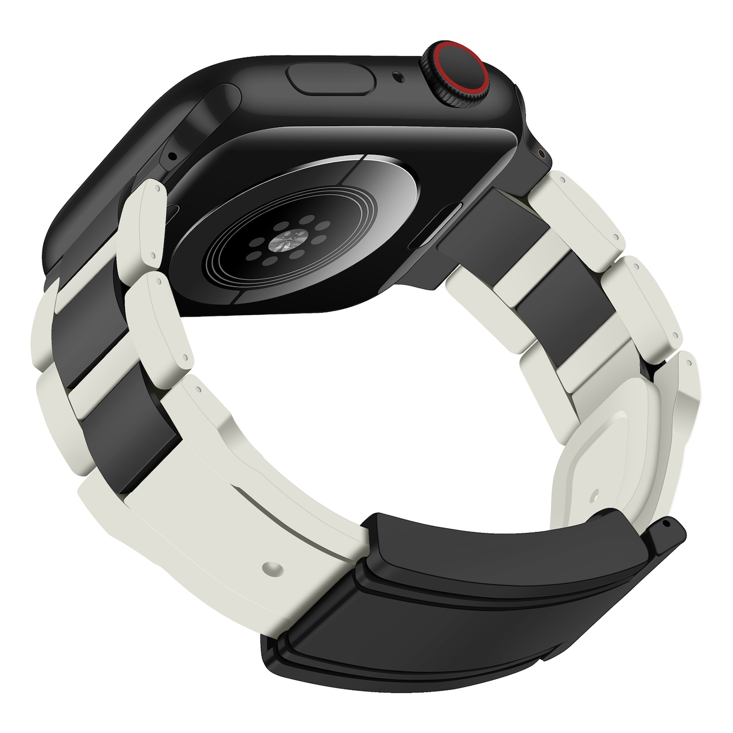 Schwarz-weißes Apple Watch-Armband mit rotem Knopf.