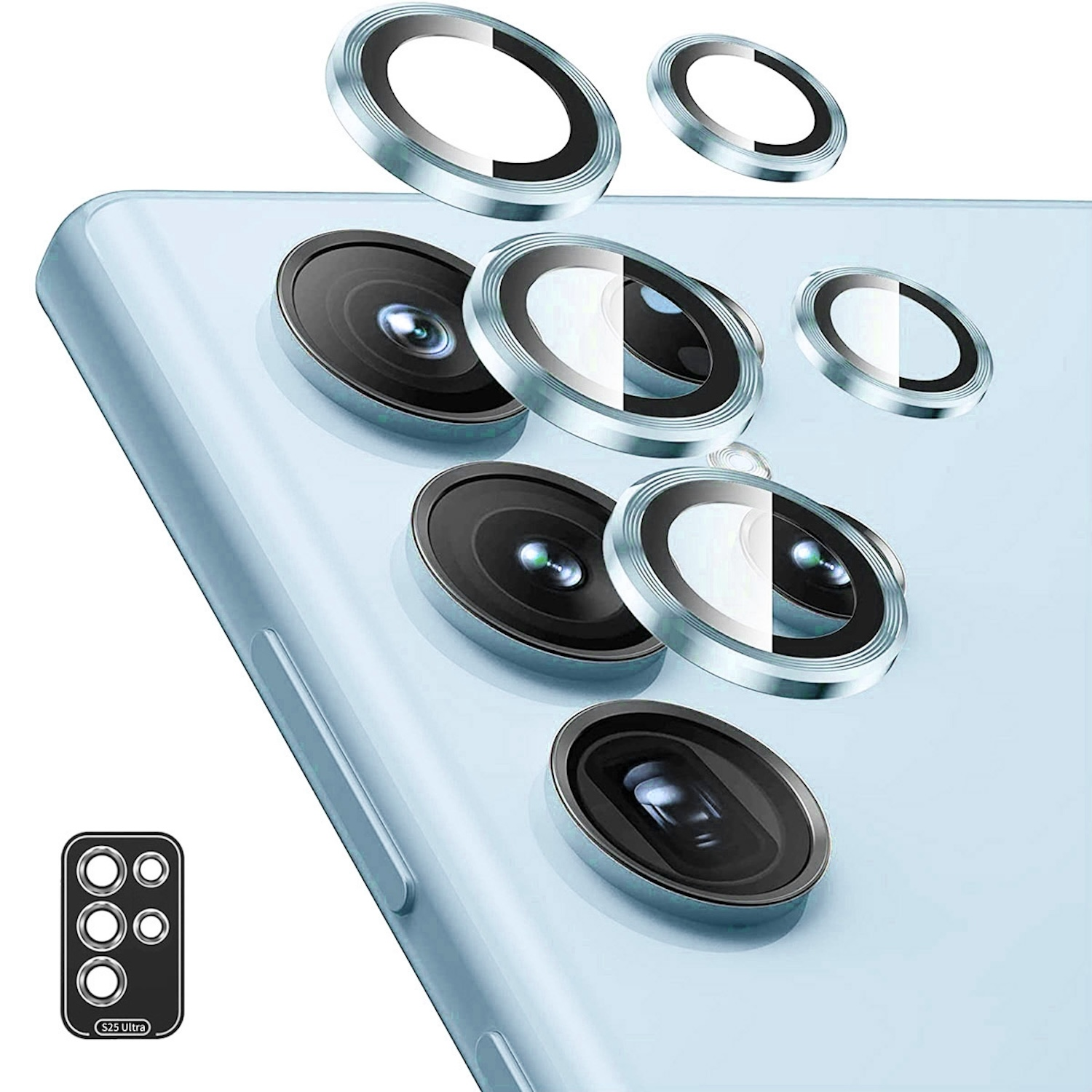 Un telefono con protezioni per lenti della fotocamera. Le protezioni sono argentate e circolari.
