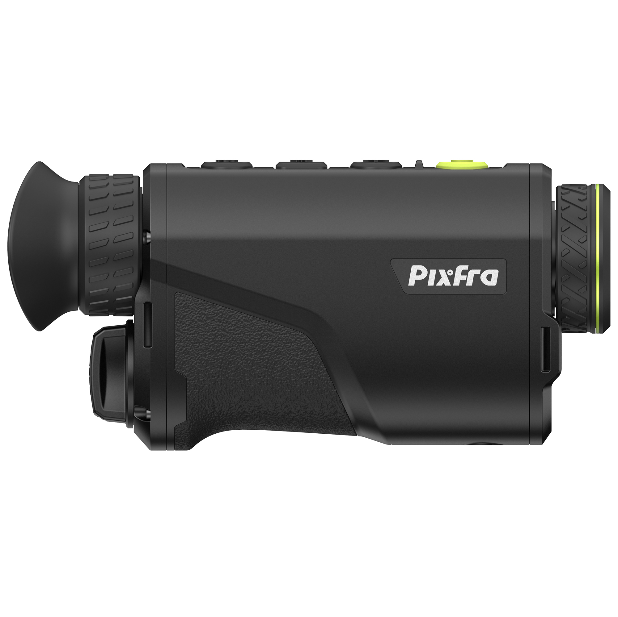 Un monocular de visión nocturna negro con un acento verde en el lado derecho.