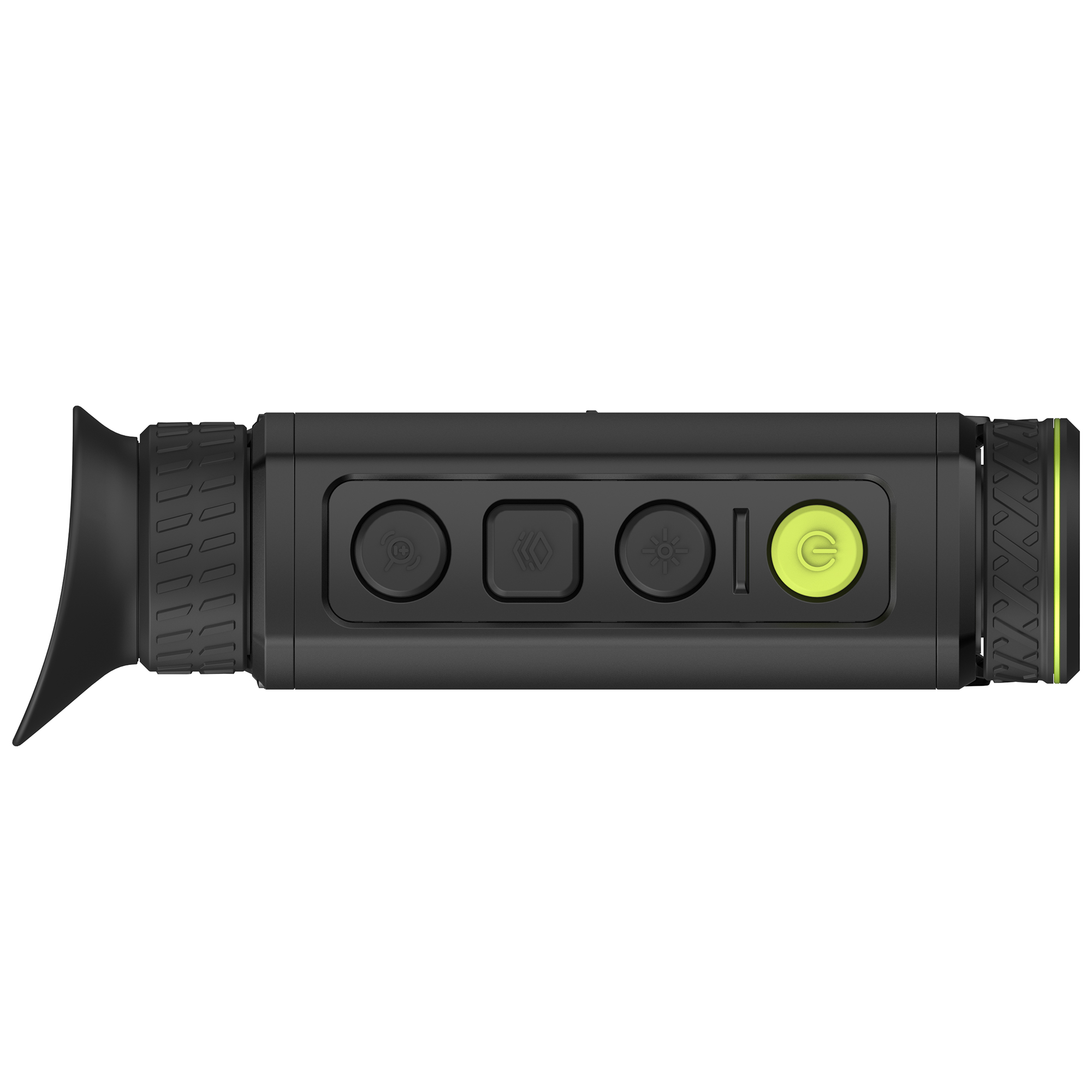Un dispositivo de imagen térmica negro con botones y botón verde.