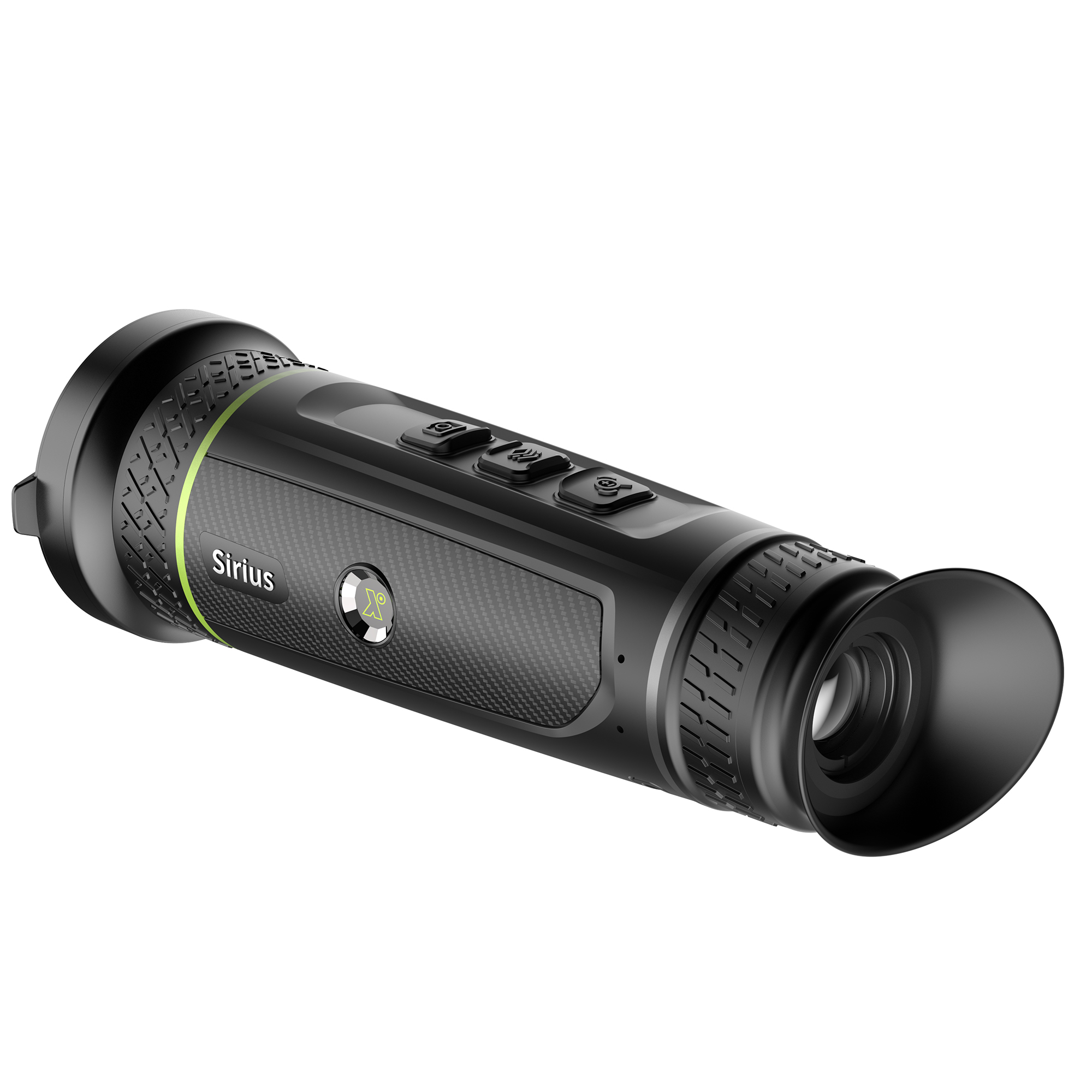 Un dispositivo de visión nocturna portátil negro y verde con botones y una lente.