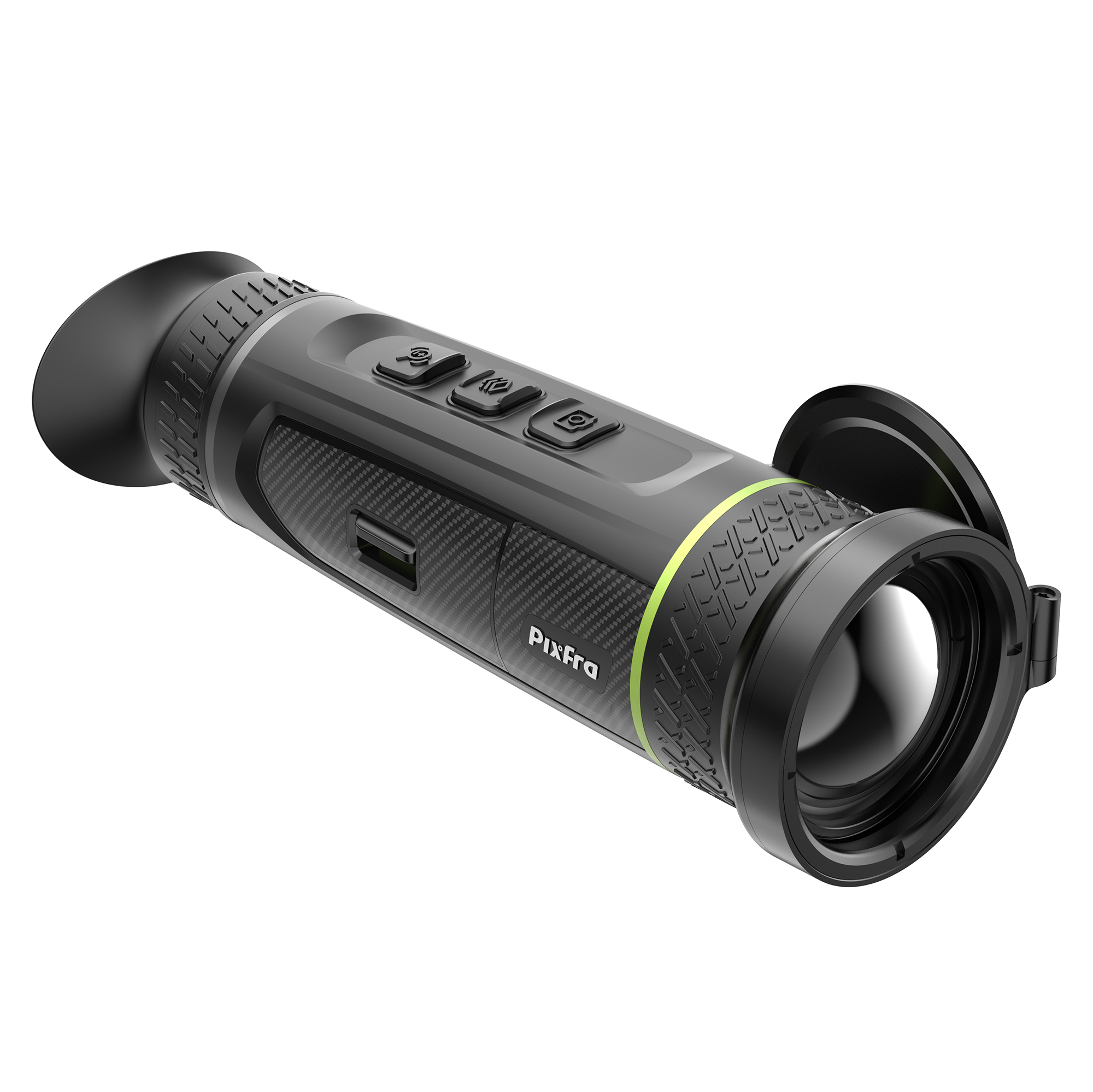 Un dispositivo de visión nocturna monocular negro y gris con botones y un acento verde.
