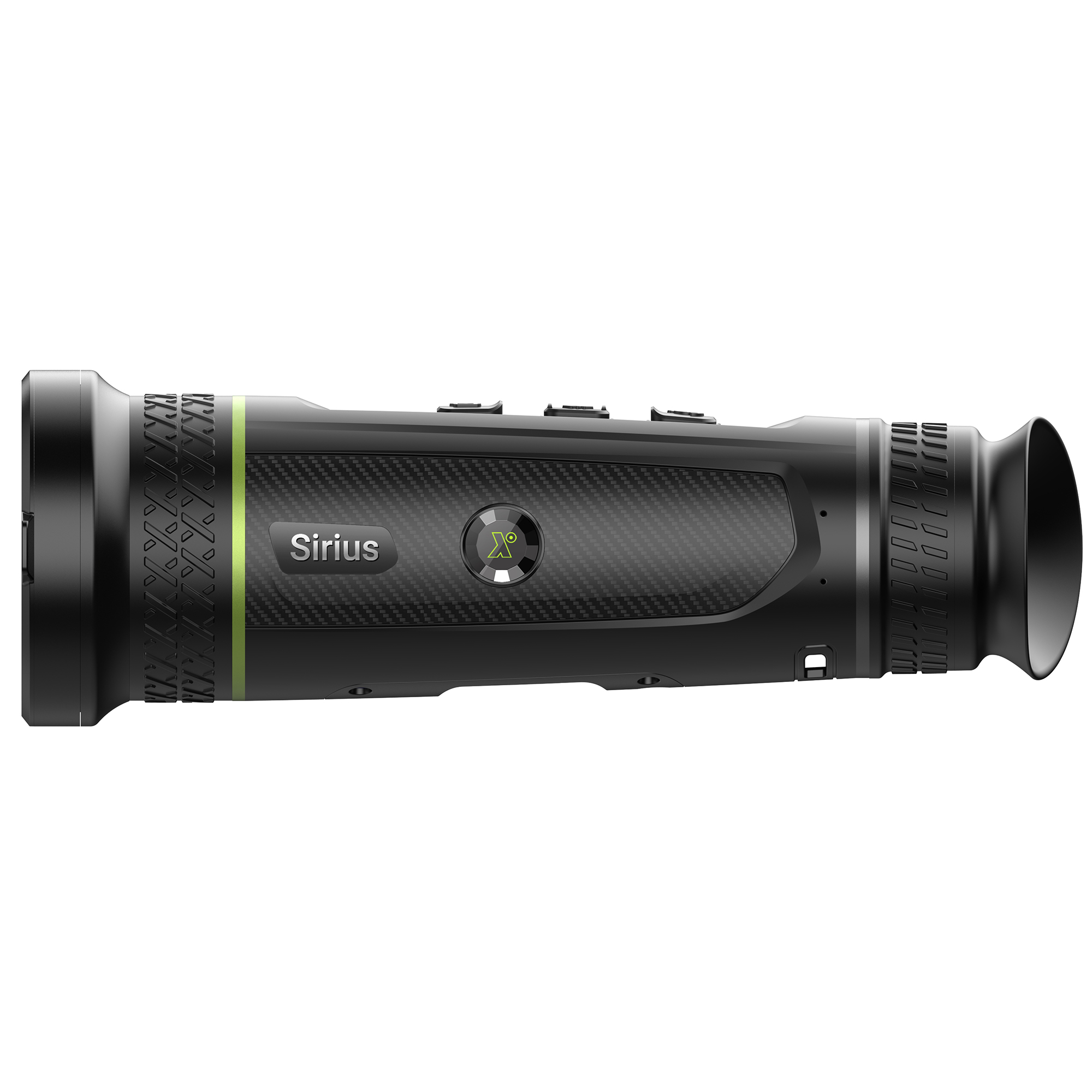 Dispositivo negro y gris con un acento verde y la palabra "Sirius", aislado sobre blanco.