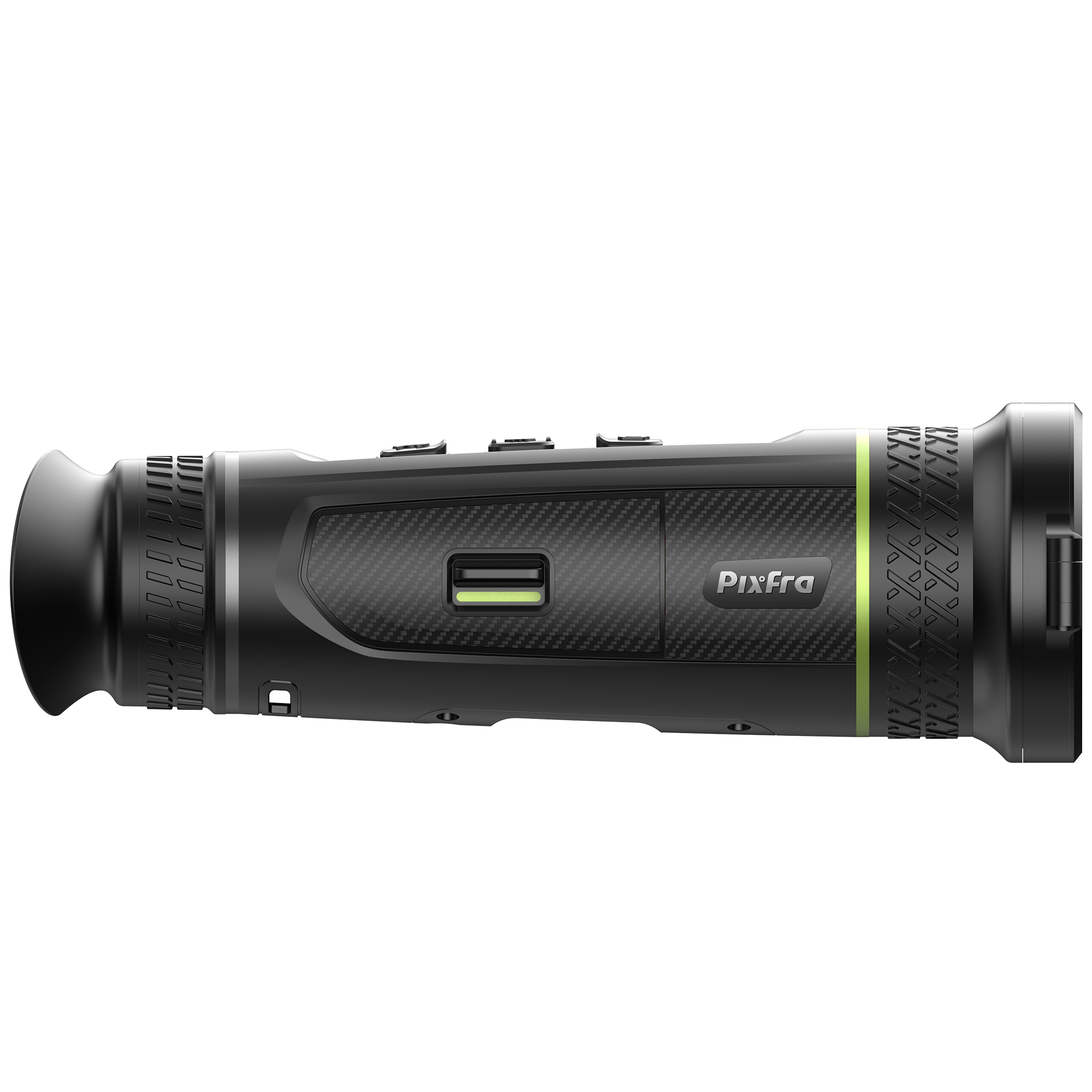 Un dispositivo de visión nocturna negro y verde con un ocular sobre fondo blanco.