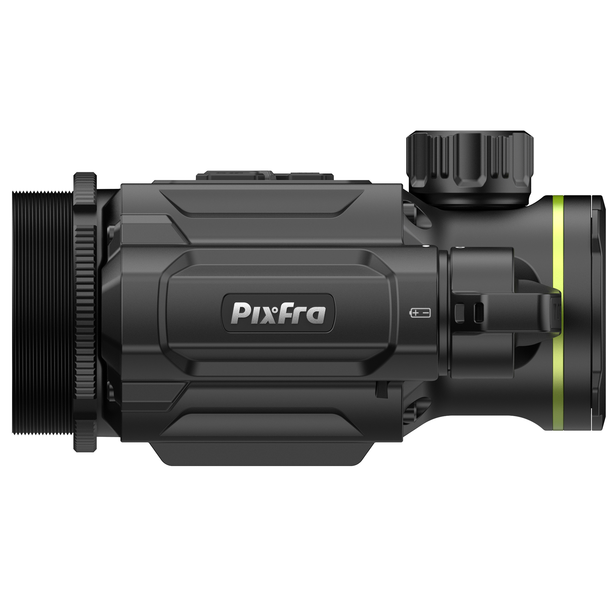 Cámara térmica negra con una raya verde y el logo de Pixfra.