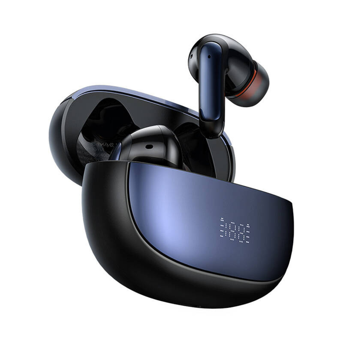 Auricolari wireless in una custodia di ricarica, con un display che mostra i numeri. Gli auricolari sono blu scuro.