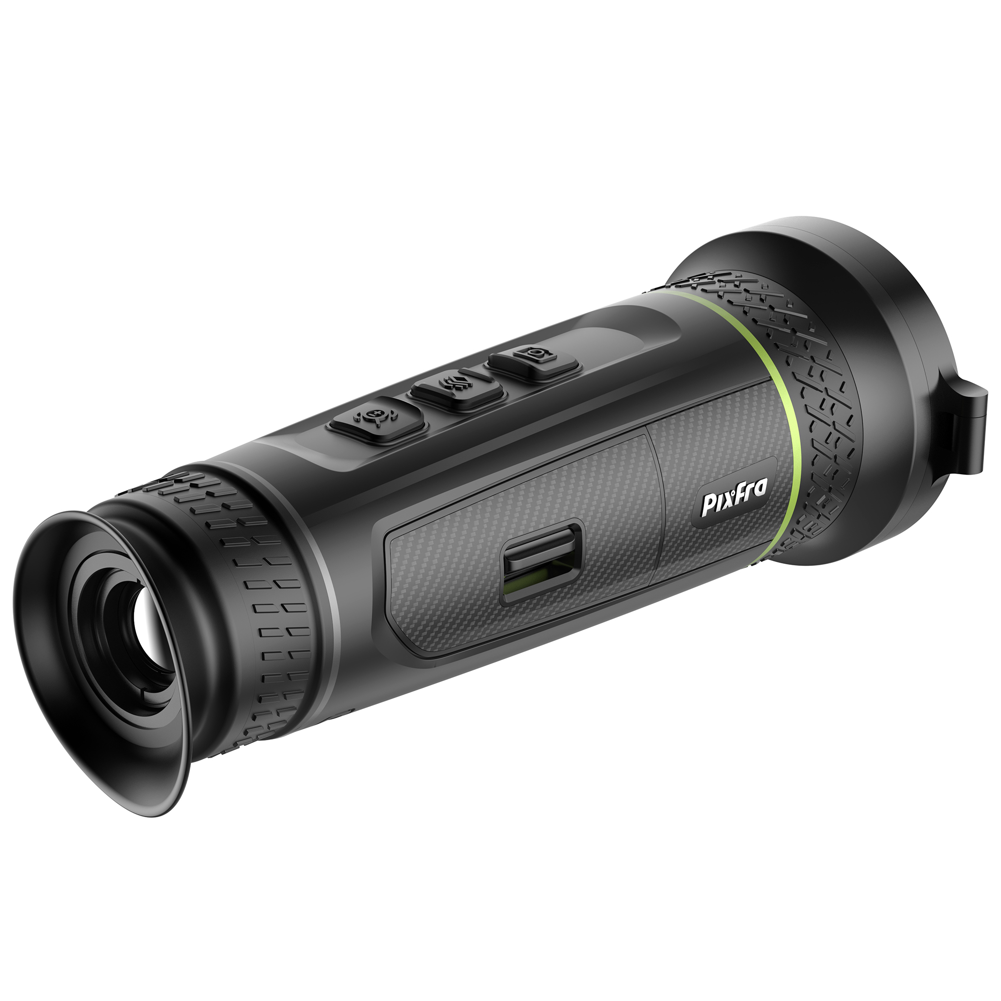 Dispositivo monocular negro con botones y un acento verde.