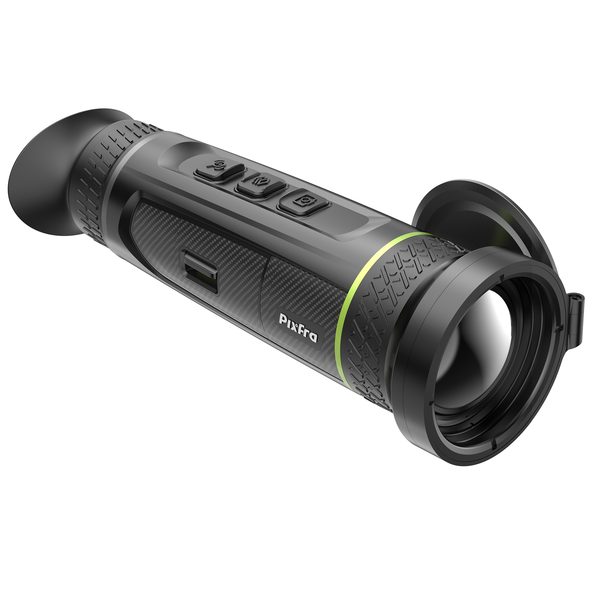 Un dispositivo de visión nocturna negro y verde con un ocular y tapa de lente sobre fondo blanco.