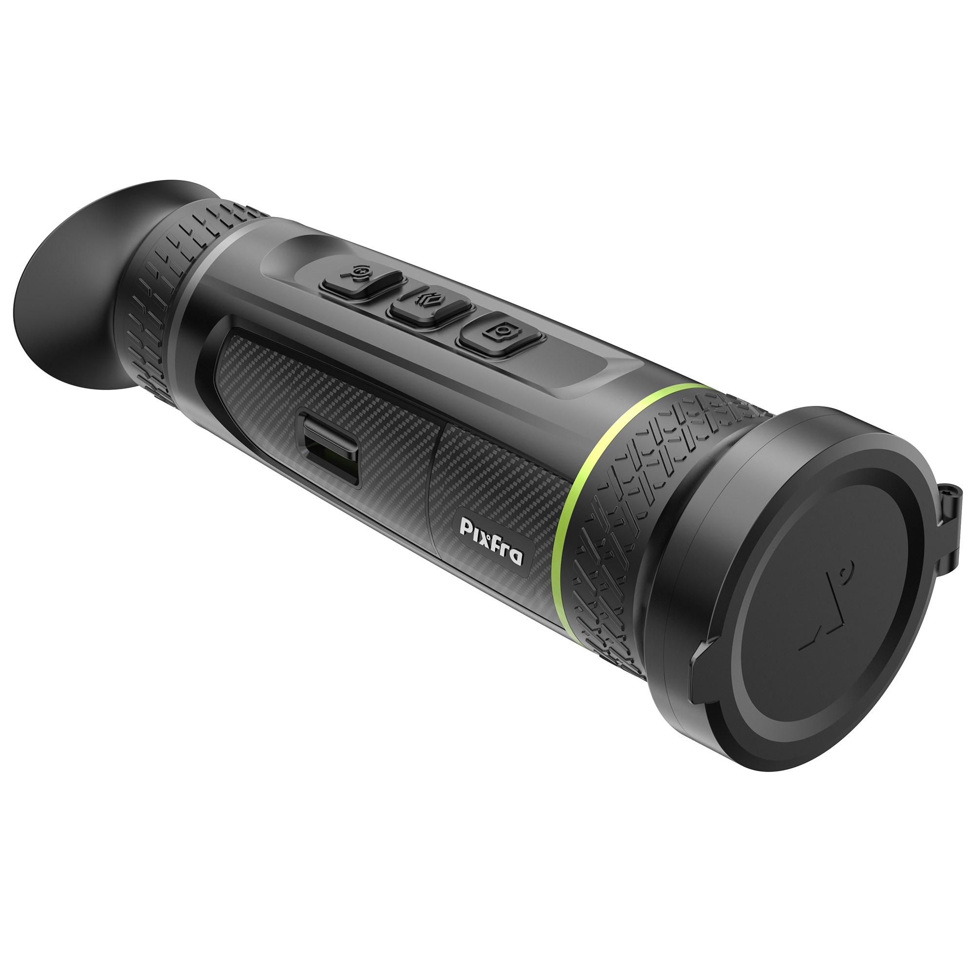 Monocular térmico portátil negro y gris con botones, vista lateral, fondo blanco.
