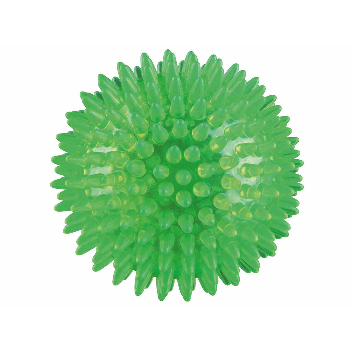 Palla verde spinosa. La palla è rotonda con molte punte. Le punte sono verdi.