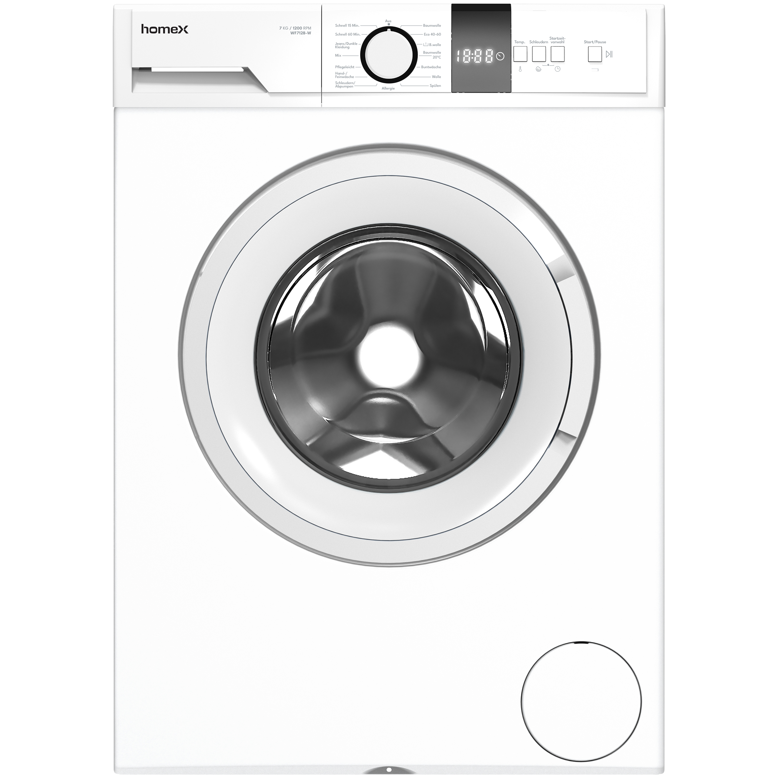 Weiße Waschmaschine. Runde Tür, Digitalanzeige und Bedienfeld oben.