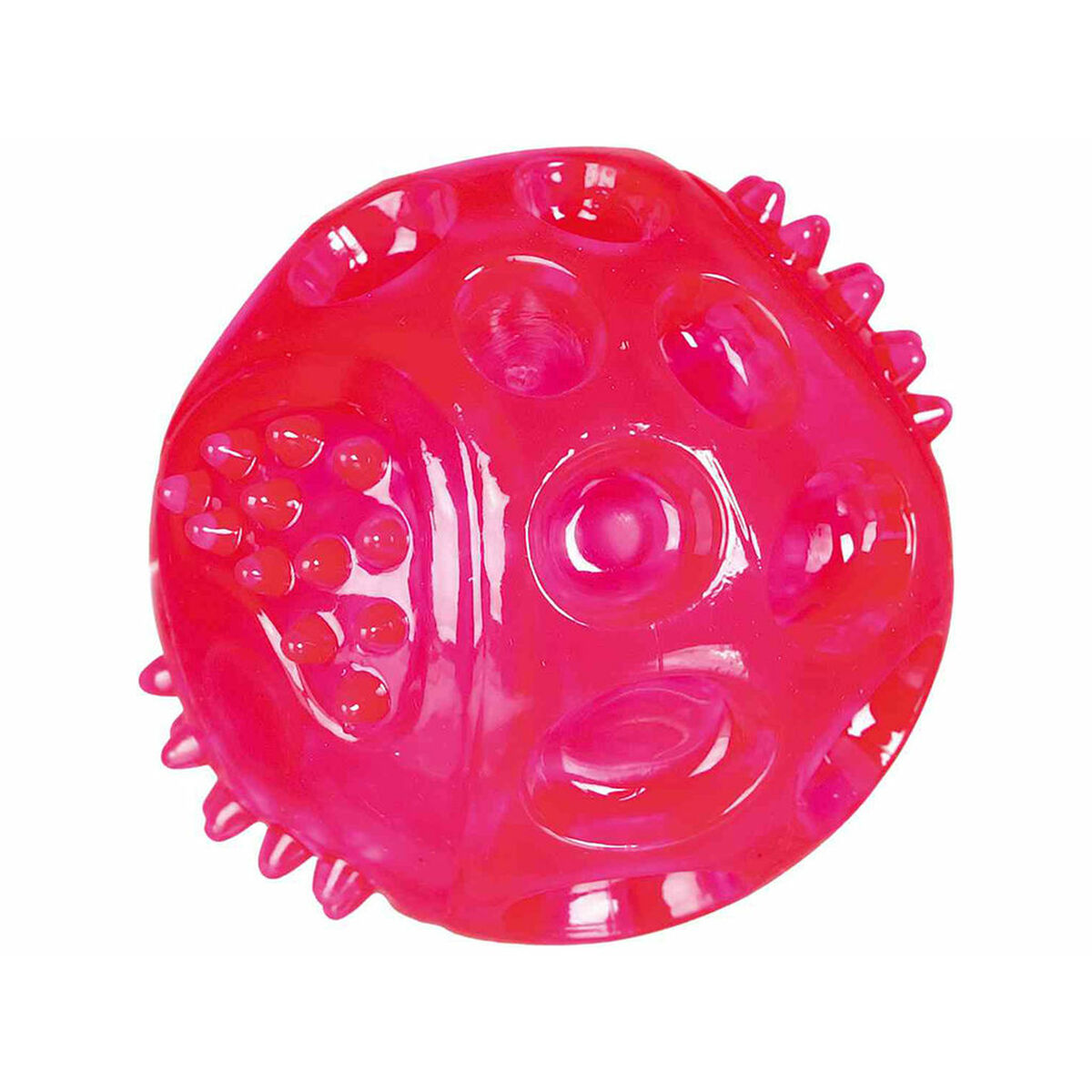 Czerwona gumowa zabawka dla psa w kształcie piłki, z wieloma otworami i wypukłościami.