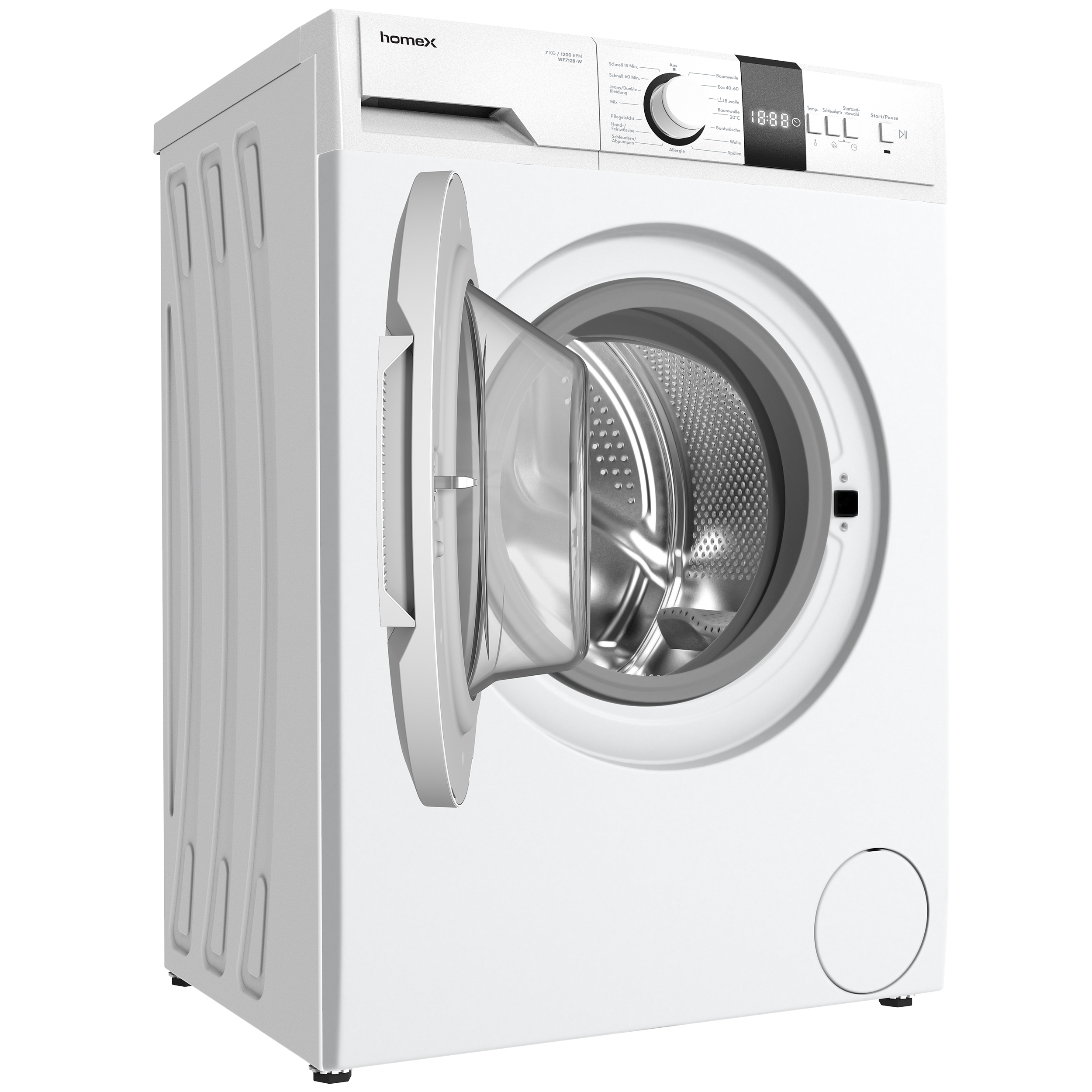 Weiße Waschmaschine mit offener Tür, schräge Ansicht vor weißem Hintergrund, Details zeigend.