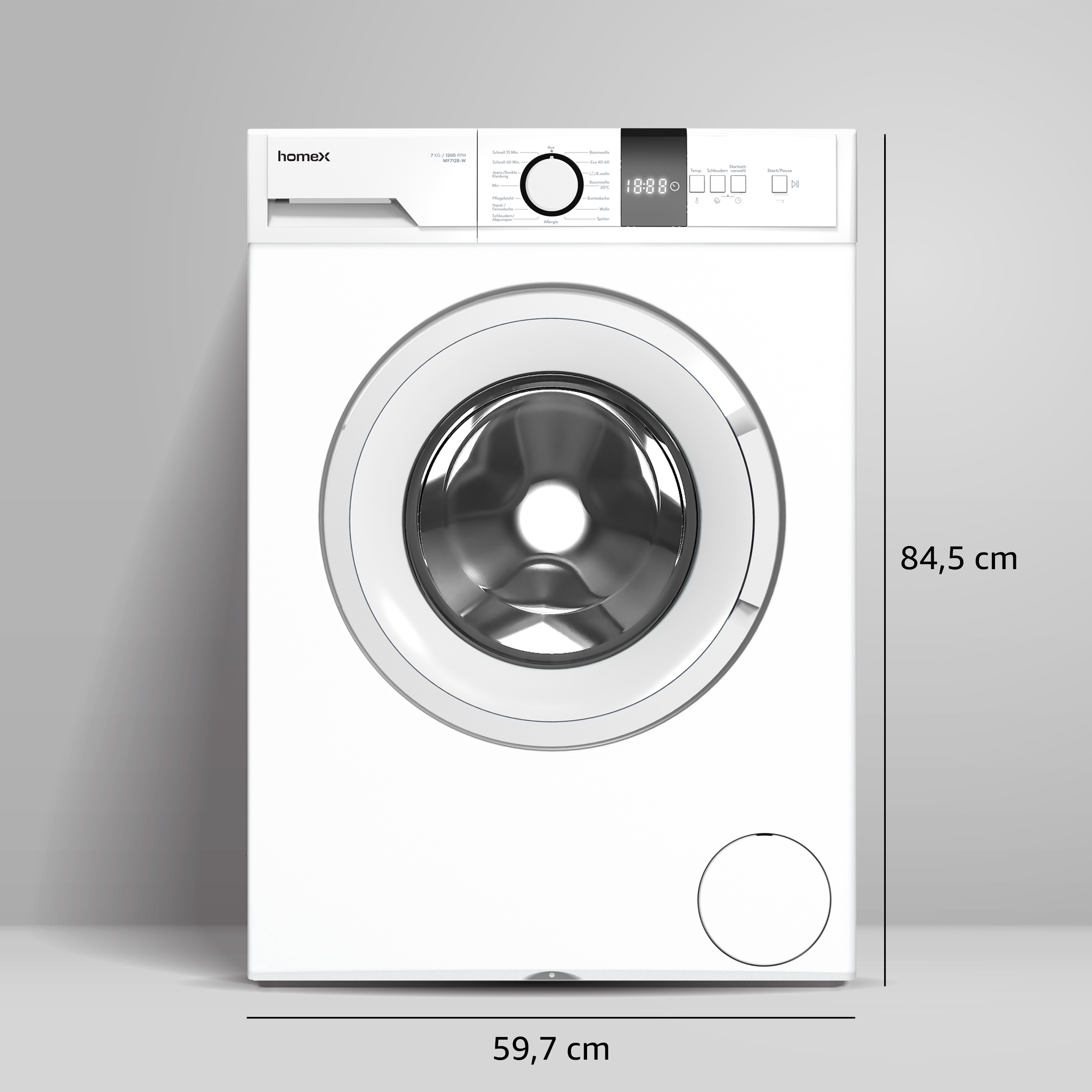 Eine weiße Waschmaschine mit runder Tür und Abmessungen rechts und unten.