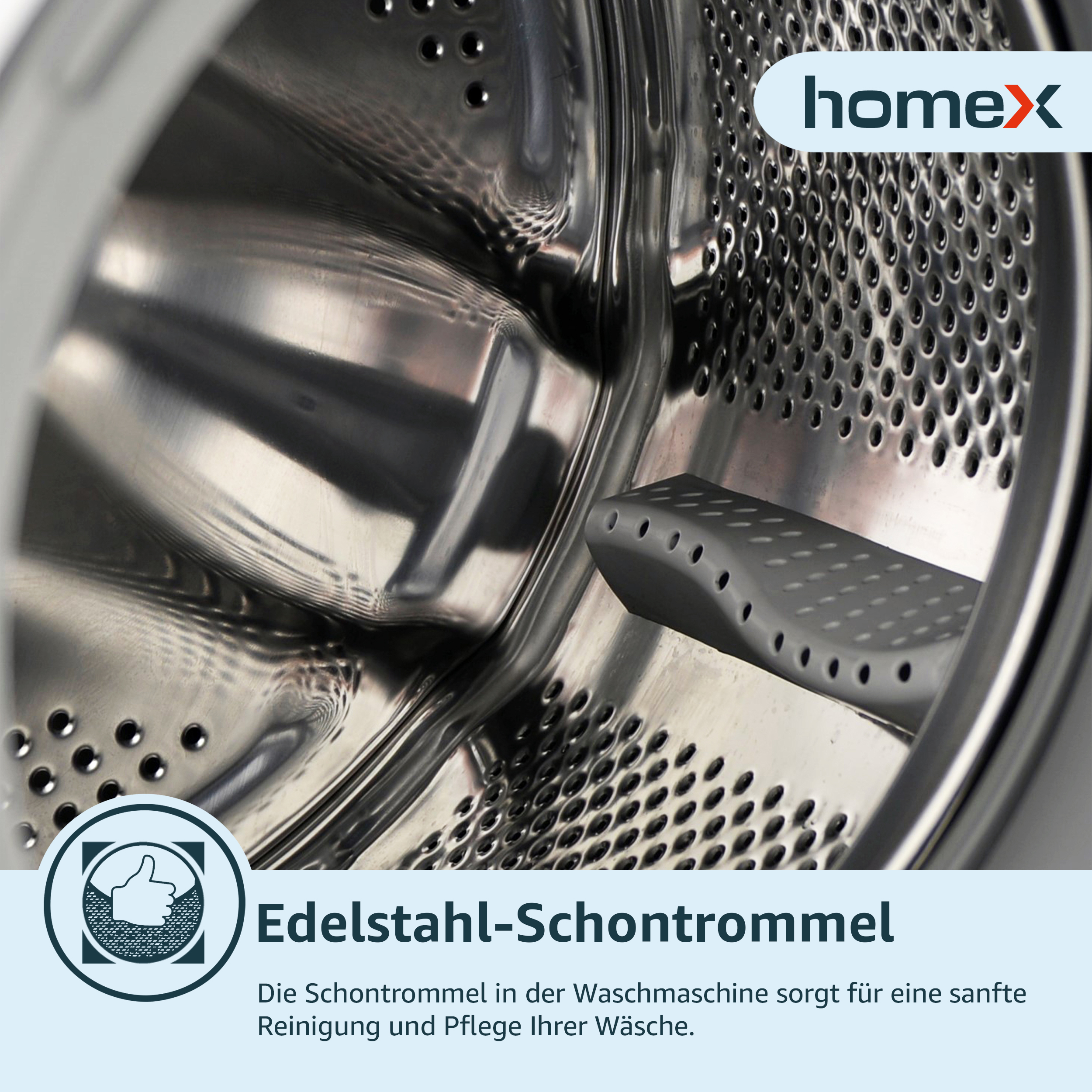 Edelstahl-Waschmaschinentrommel mit Löchern. Text: Edelstahl-Schontrommel für sanfte Reinigung.