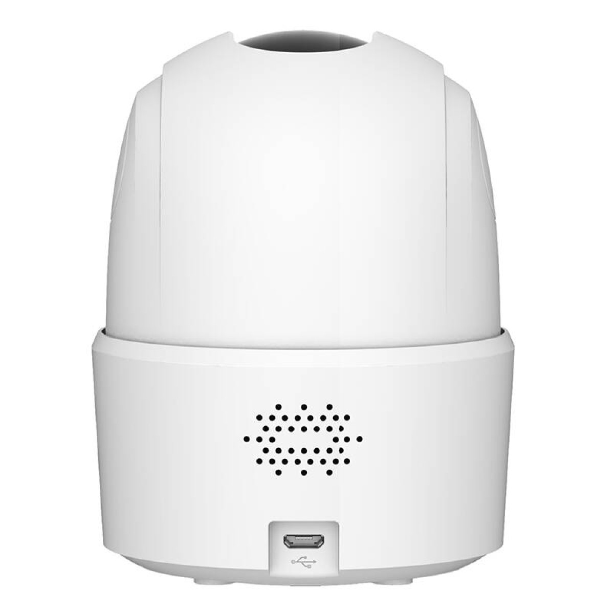 White security camera, front view, with speaker holes and a charging port.