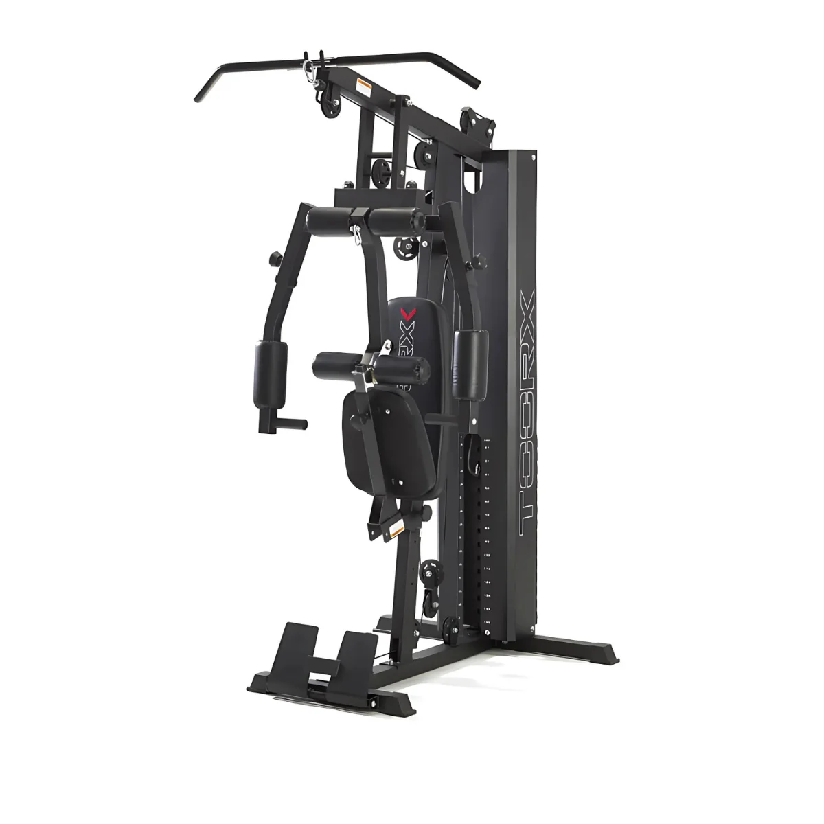 Schwarze Heimtrainingsmaschine auf weißem Hintergrund.