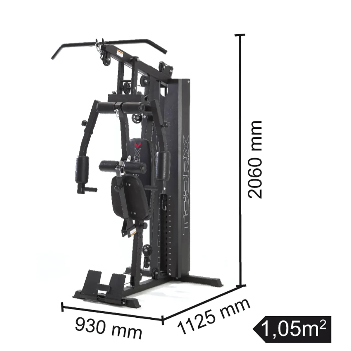 Eine schwarze Fitnessmaschine mit angezeigten Abmessungen.