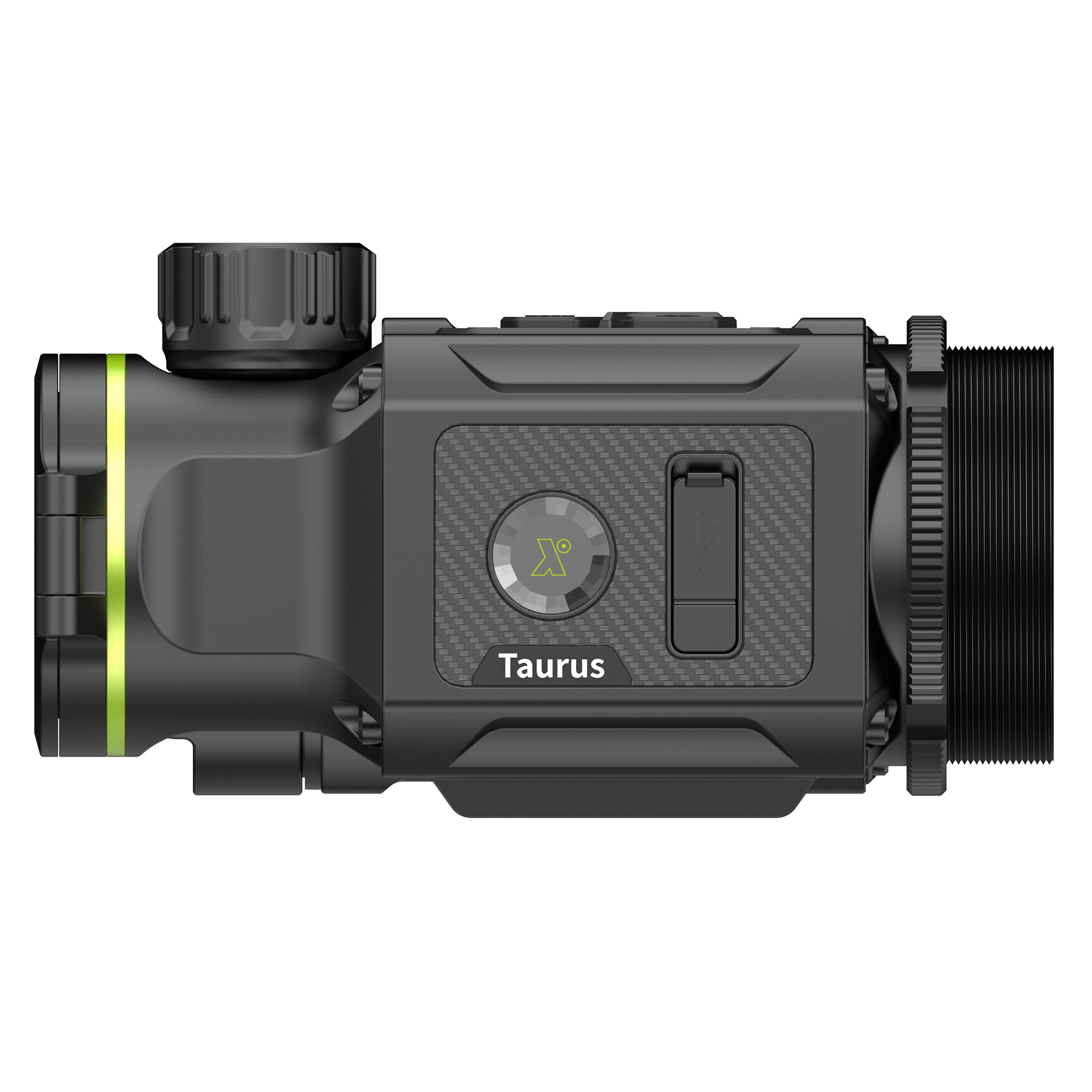 Dispositivo de imagen térmica negro. Tiene el logo Taurus, un botón y una rueda arriba.