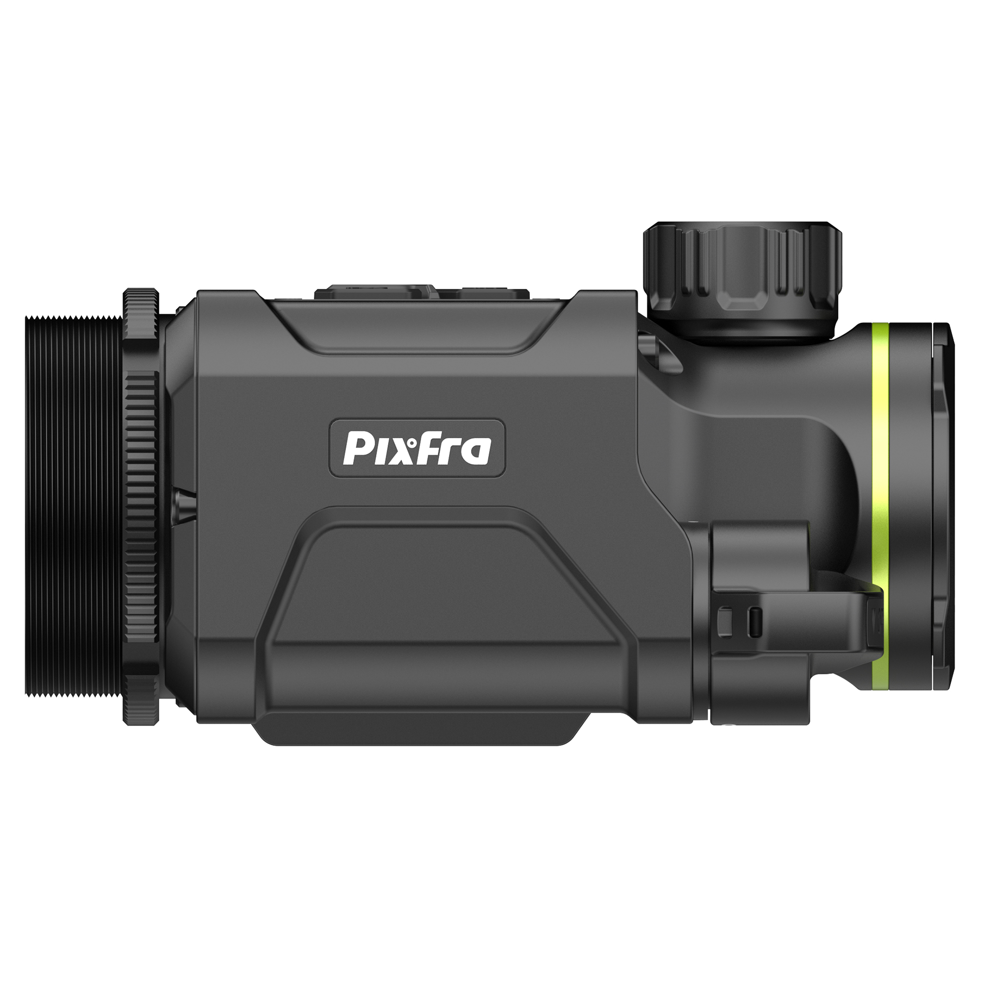 Un dispositivo PixFra negro, probablemente un termógrafo, con un enfoque en su perfil lateral.