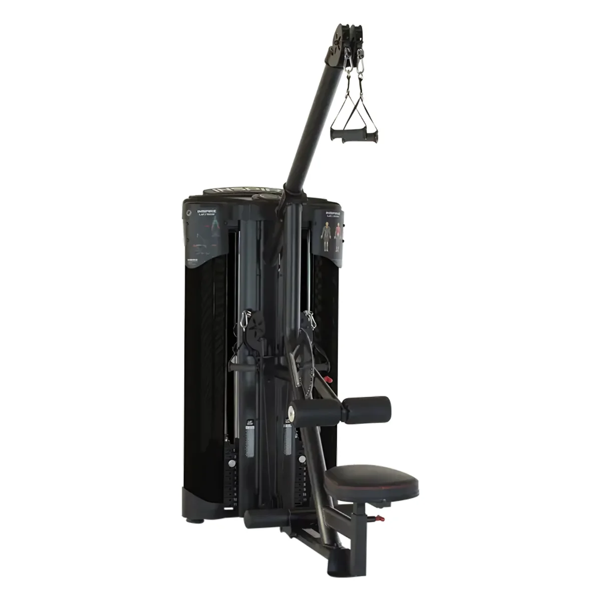 Zwarte fitnessmachine met een zitje en een optrekstang.
